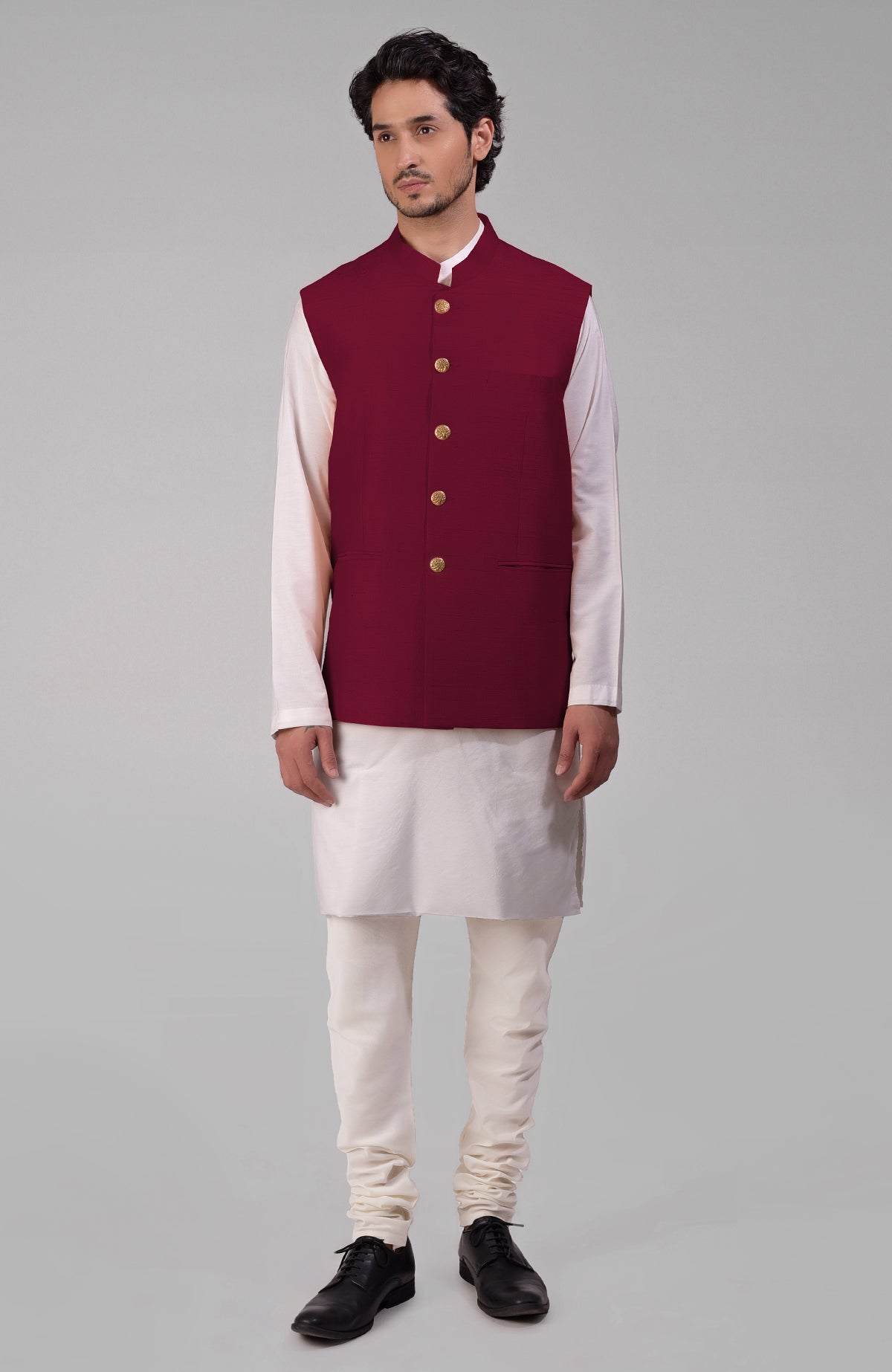 Dusty blue pure raw silk waistcoat bandi jacket with gold peacock emblem buttons and clean lines
