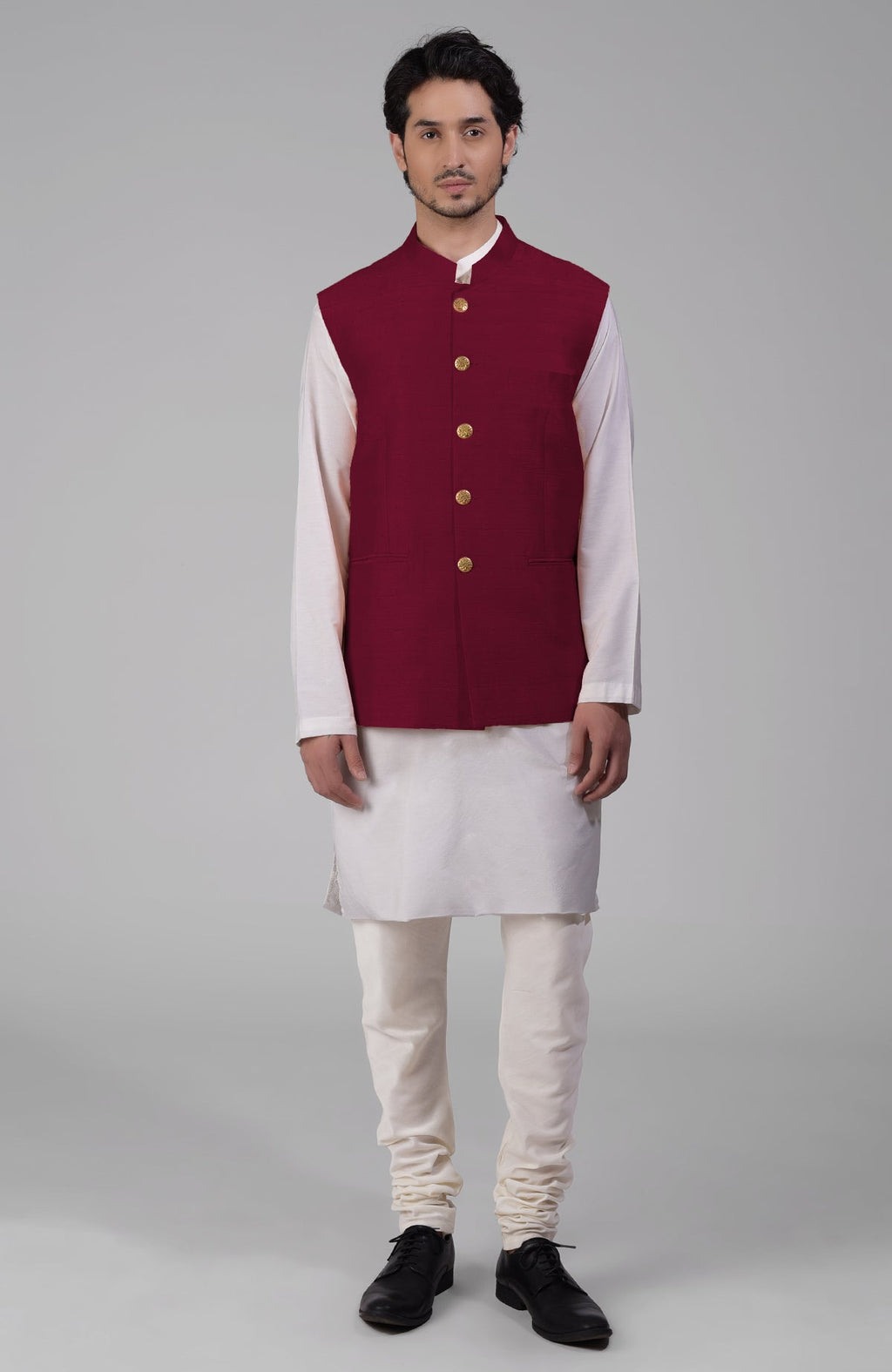 Red pure raw silk waistcoat bandi jacket with gold peacock emblem buttons and clean lines