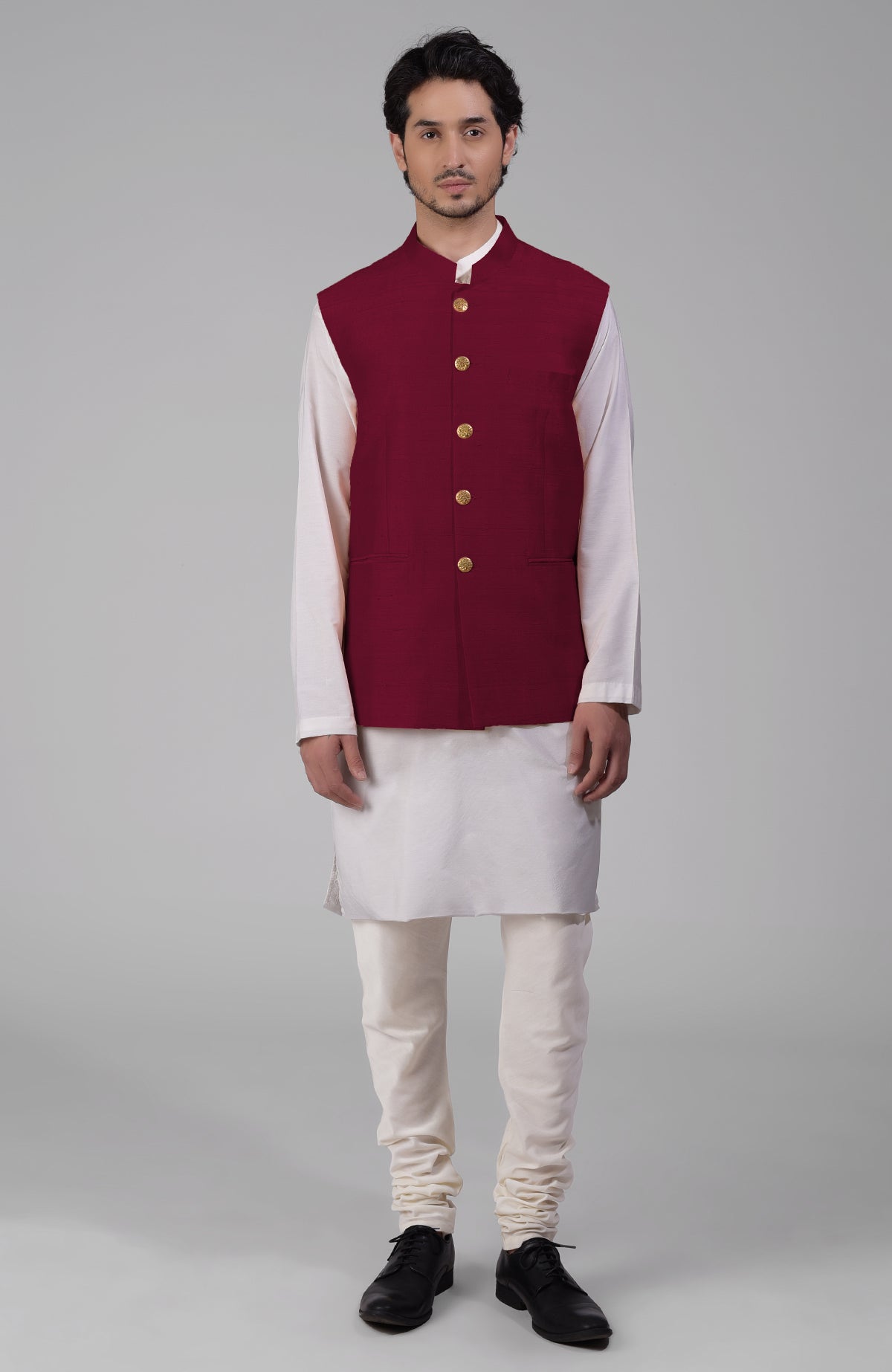 Red pure raw silk waistcoat bandi jacket with gold peacock emblem buttons and clean lines