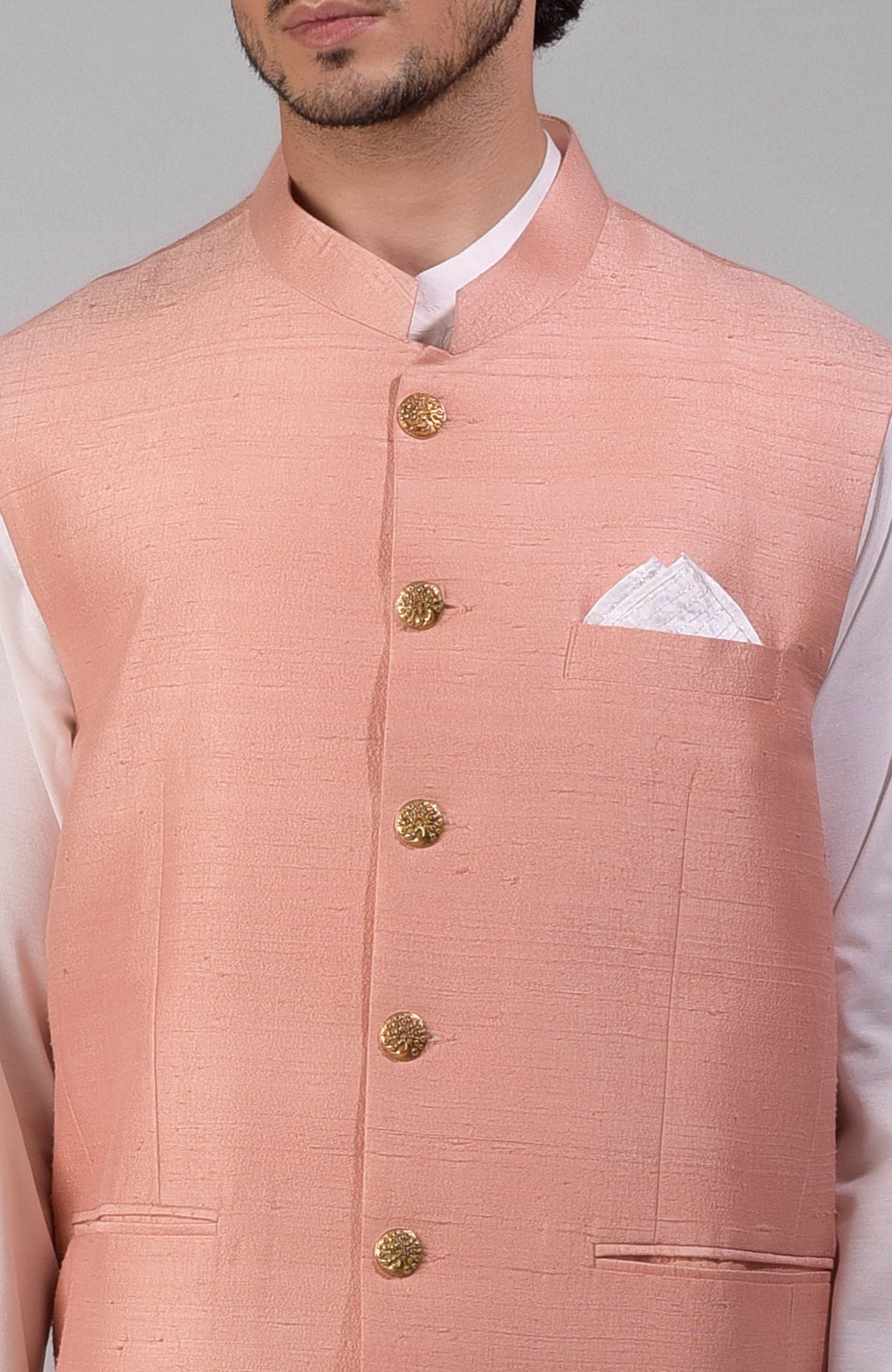 Peach pure raw silk waistcoat bandi jacket with gold peacock emblem buttons and clean lines