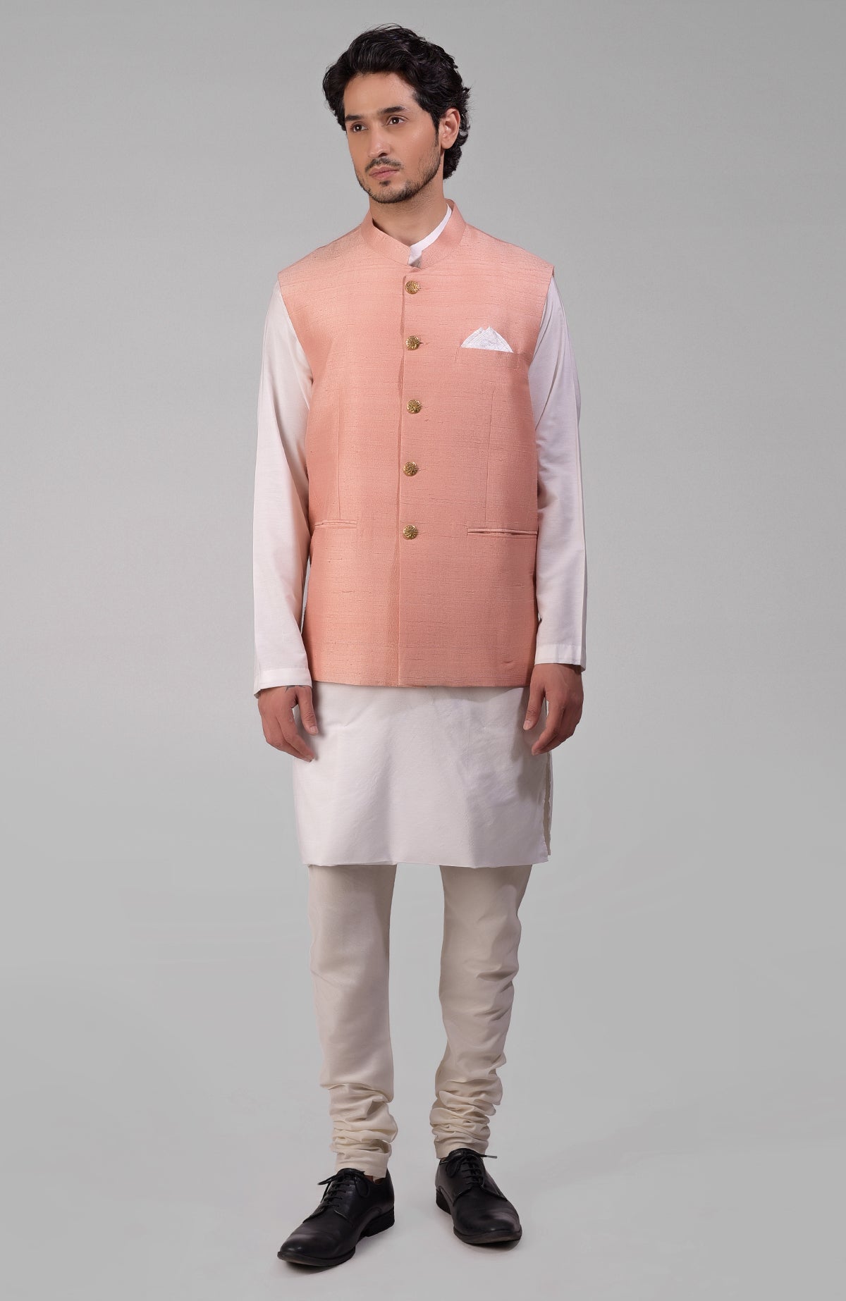 Gossamer green pure raw silk waistcoat bandi jacket with gold peacock emblem buttons.
