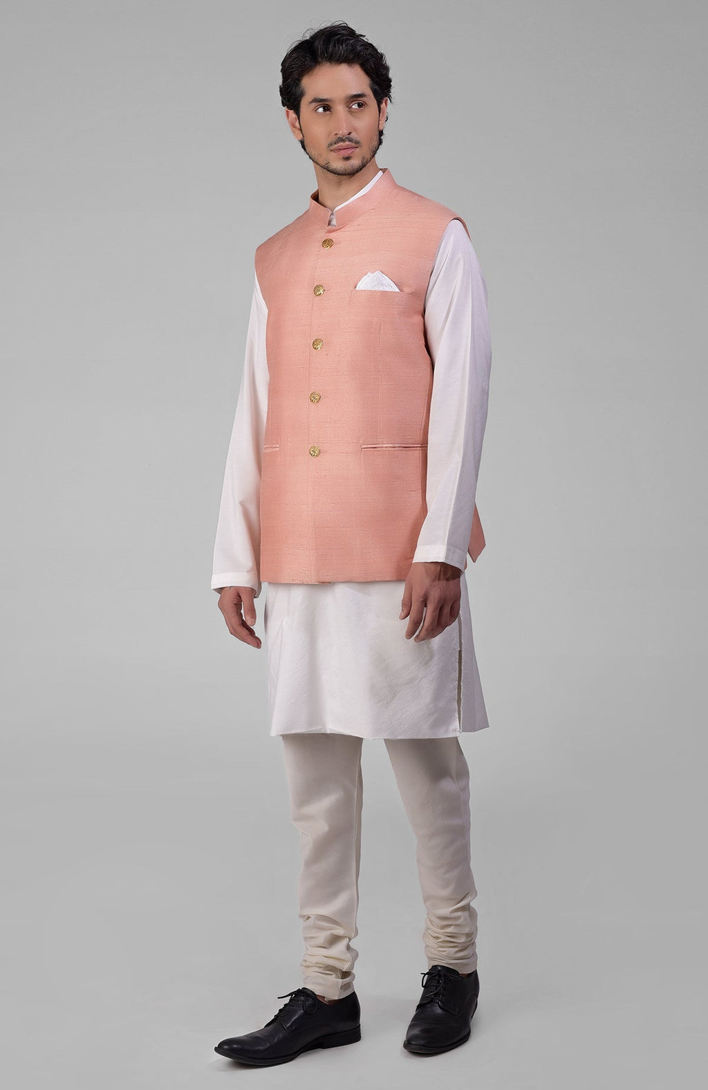 Peach pure raw silk waistcoat bandi jacket with gold peacock buttons and clean lines