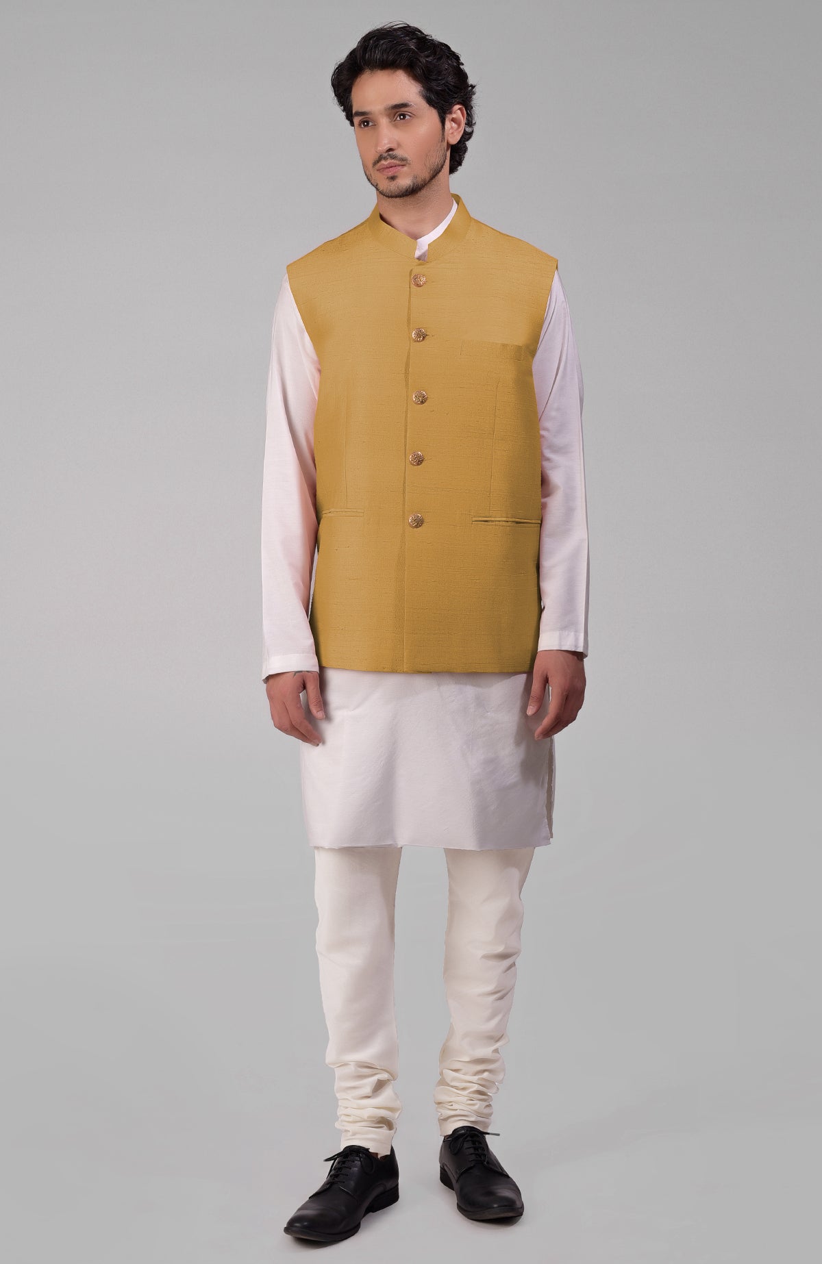 Elderberry pure raw silk waistcoat bandi jacket with gold peacock emblem buttons and clean lines