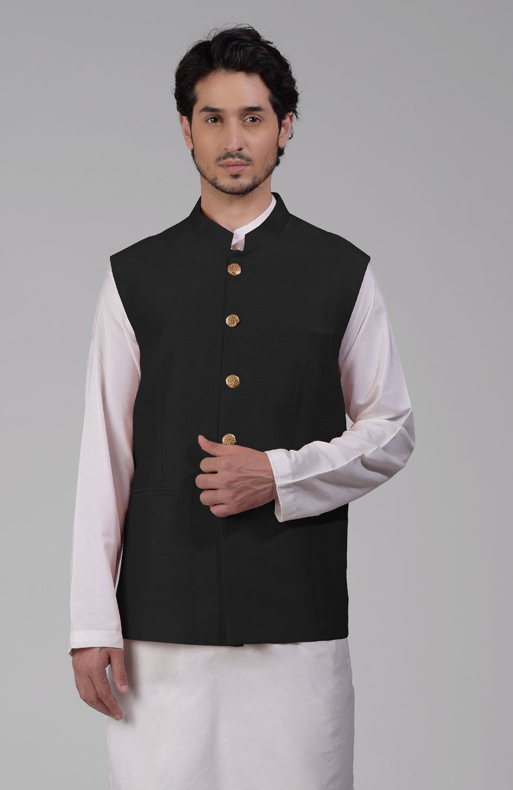 Black pure raw silk waistcoat bandi jacket with gold peacock emblem buttons and clean lines