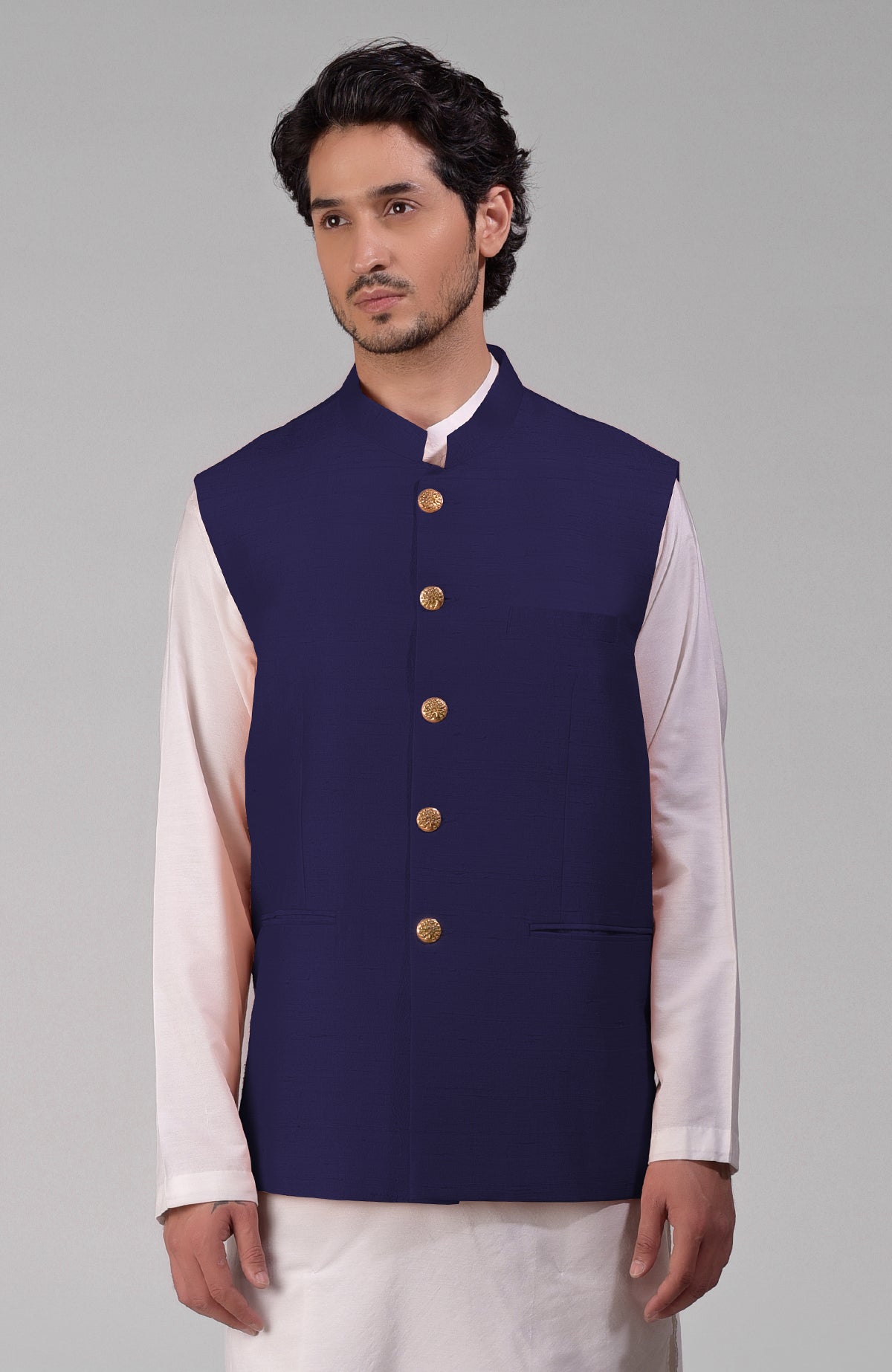 Ink blue pure raw silk waistcoat bandi jacket with gold peacock emblem buttons and clean lines
