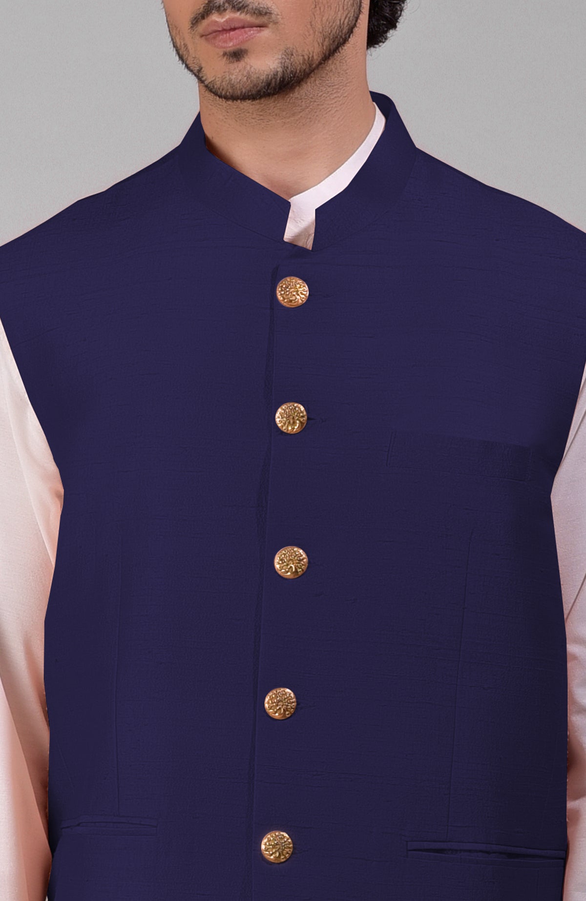 Ink blue pure raw silk waistcoat bandi jacket with gold peacock emblem buttons and clean lines