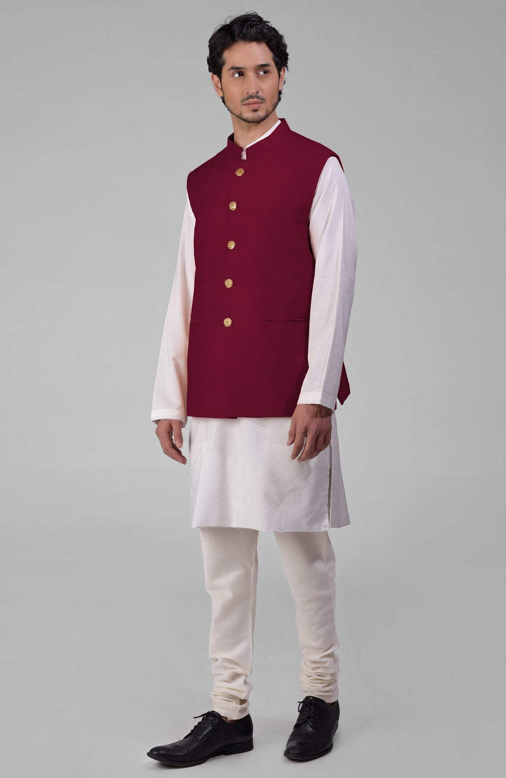 Maroon pure raw silk waistcoat bandi jacket with gold peacock emblem buttons and clean lines
