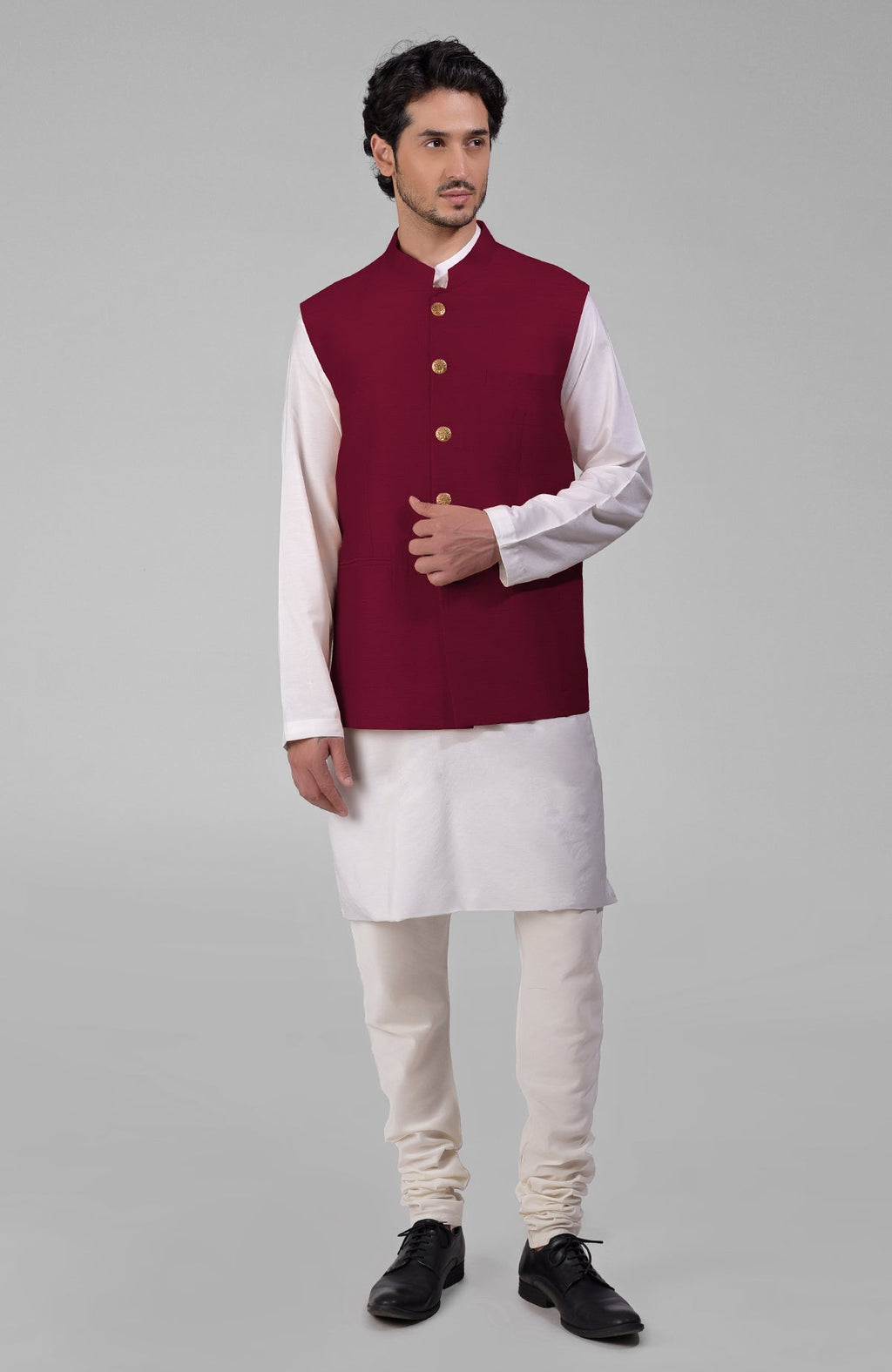 Maroon pure raw silk waistcoat bandi jacket with gold peacock emblem buttons and clean lines