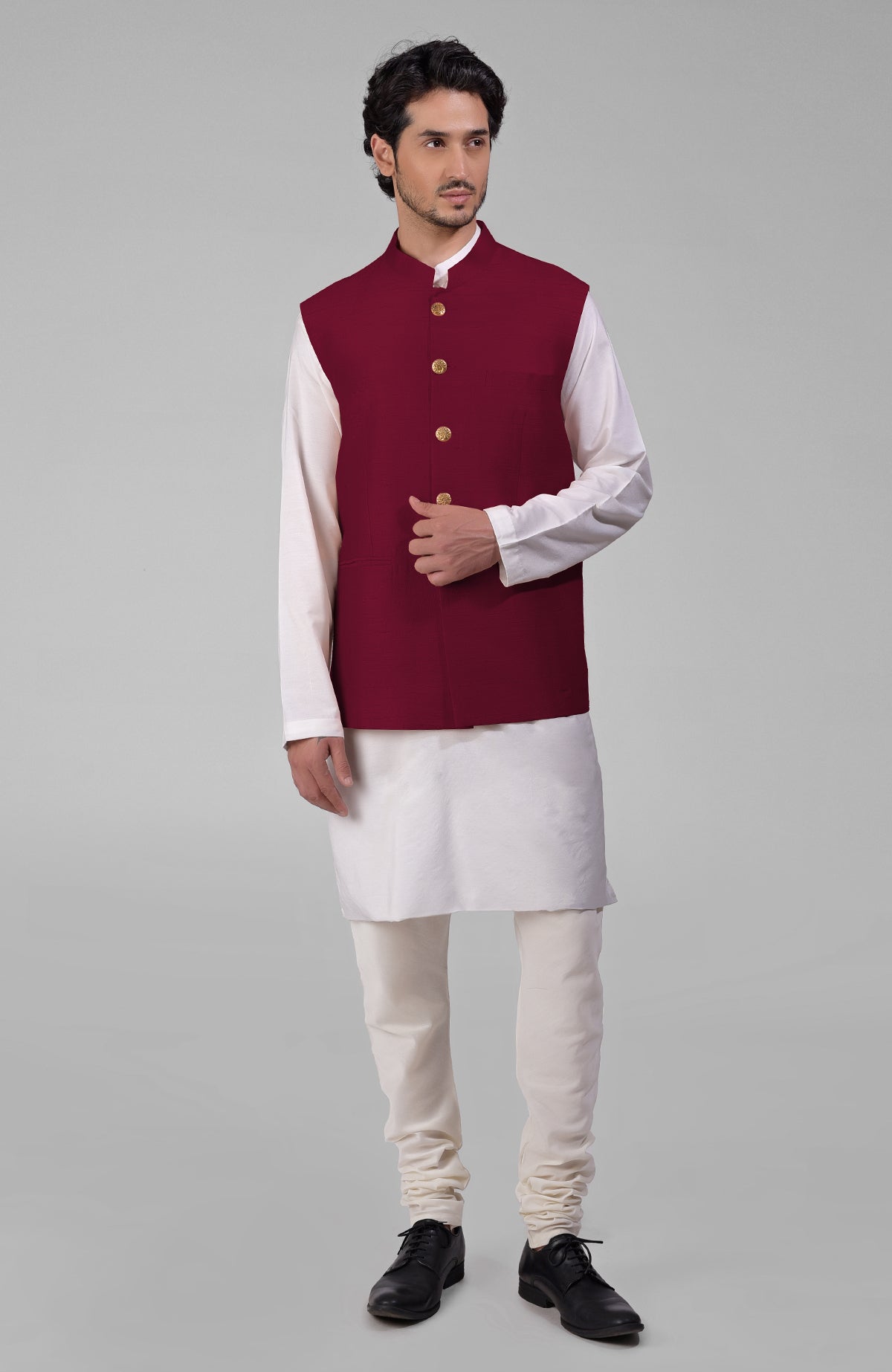 Maroon pure raw silk waistcoat bandi jacket with gold peacock emblem buttons and clean lines