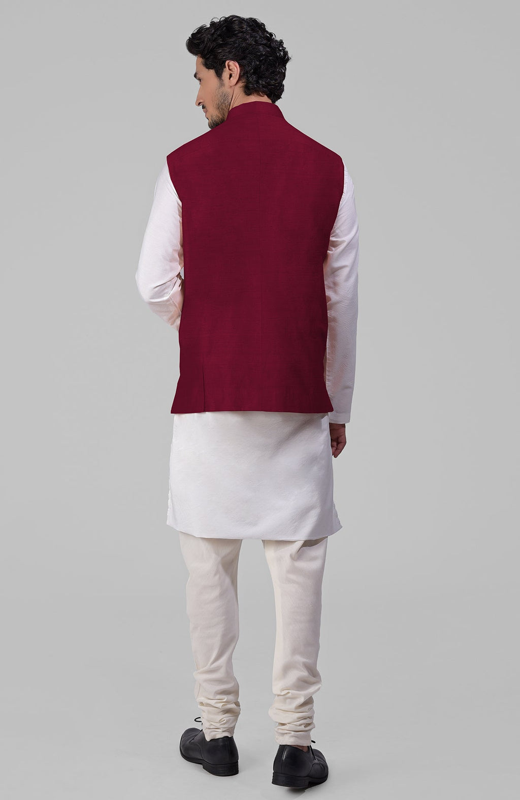 Maroon pure raw silk waistcoat bandi jacket with gold peacock emblem buttons and clean lines