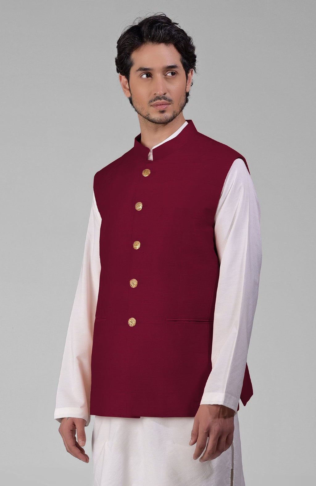 Maroon pure raw silk waistcoat bandi jacket with gold peacock emblem buttons and clean lines