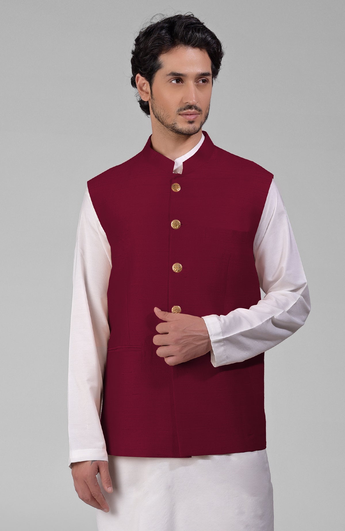 Maroon pure raw silk waistcoat bandi jacket with gold peacock emblem buttons and clean lines