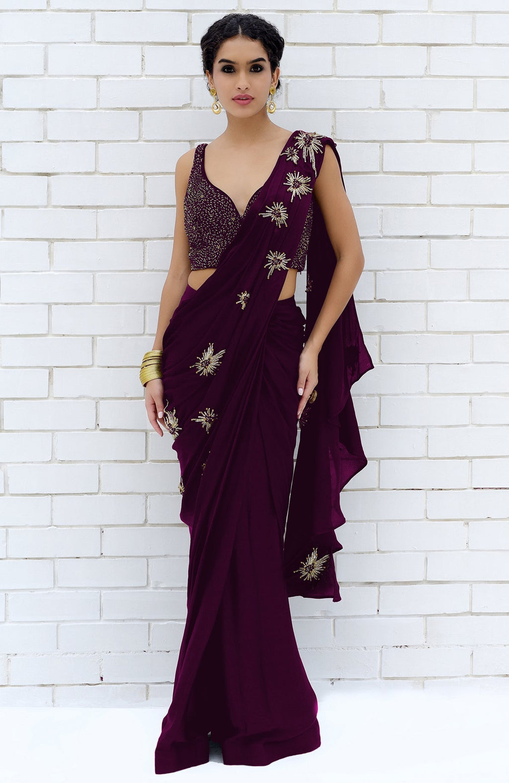 Plum starburst beads and sequin hand-embroidered saree with blouse.
