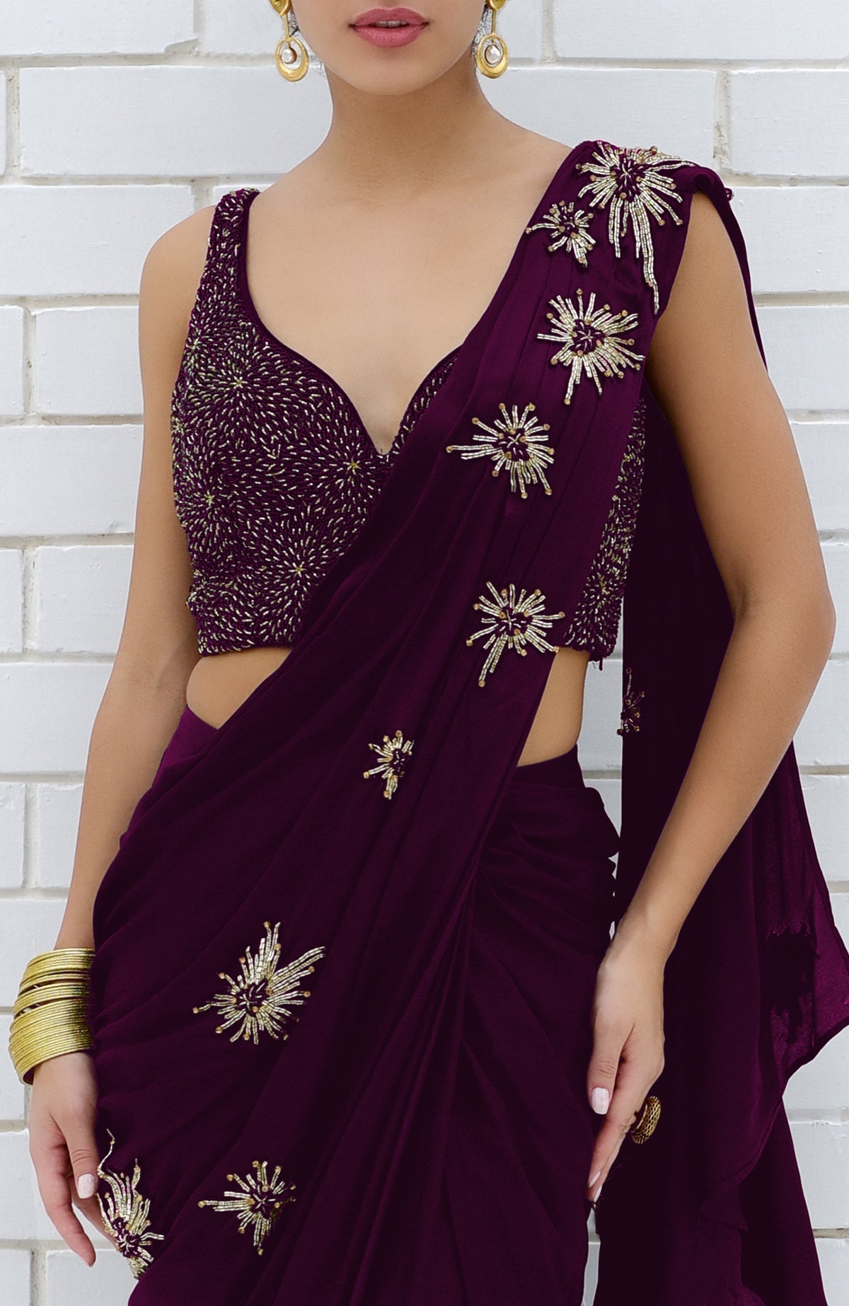 Plum starburst beads and sequin hand-embroidered saree with blouse.