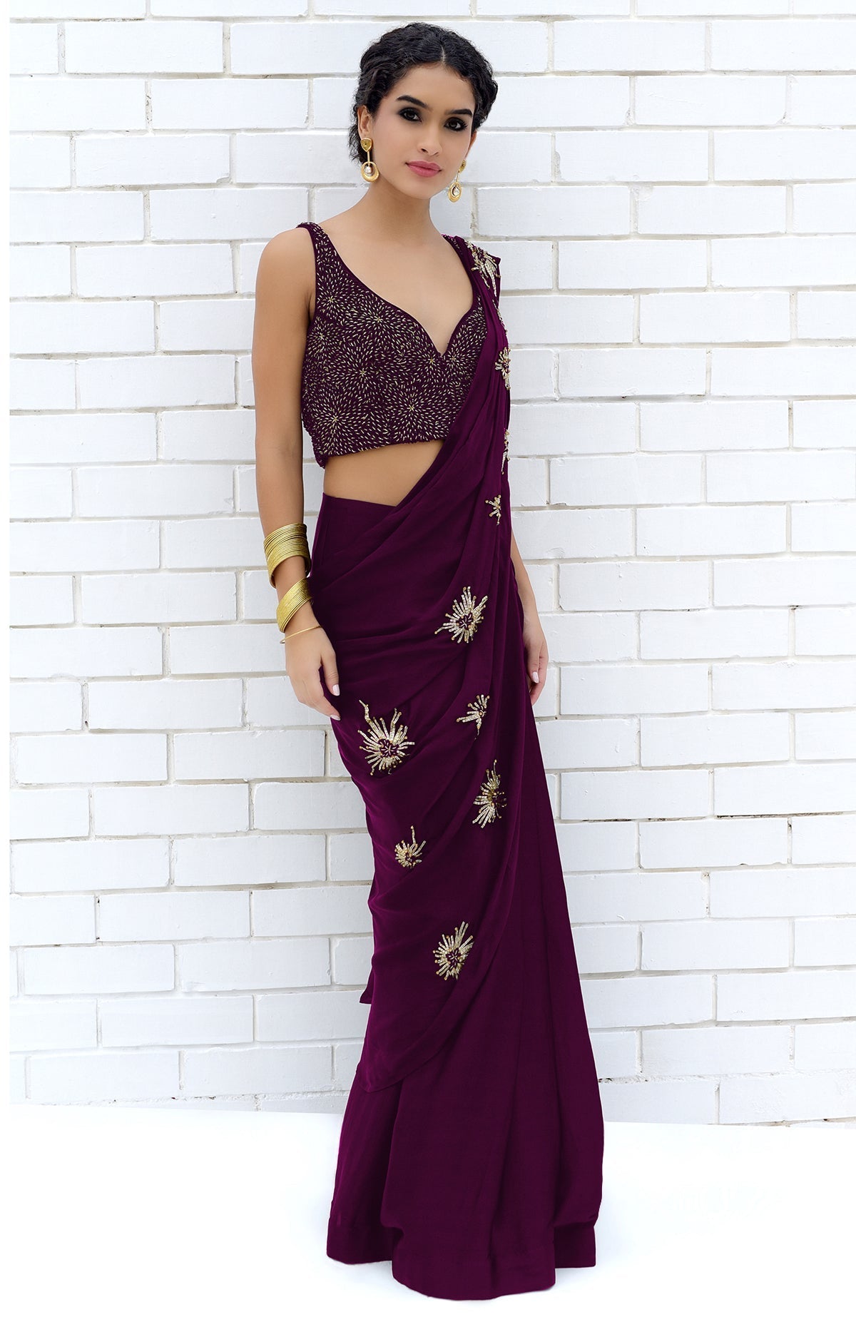 Plum starburst beads and sequin hand-embroidered saree with blouse.