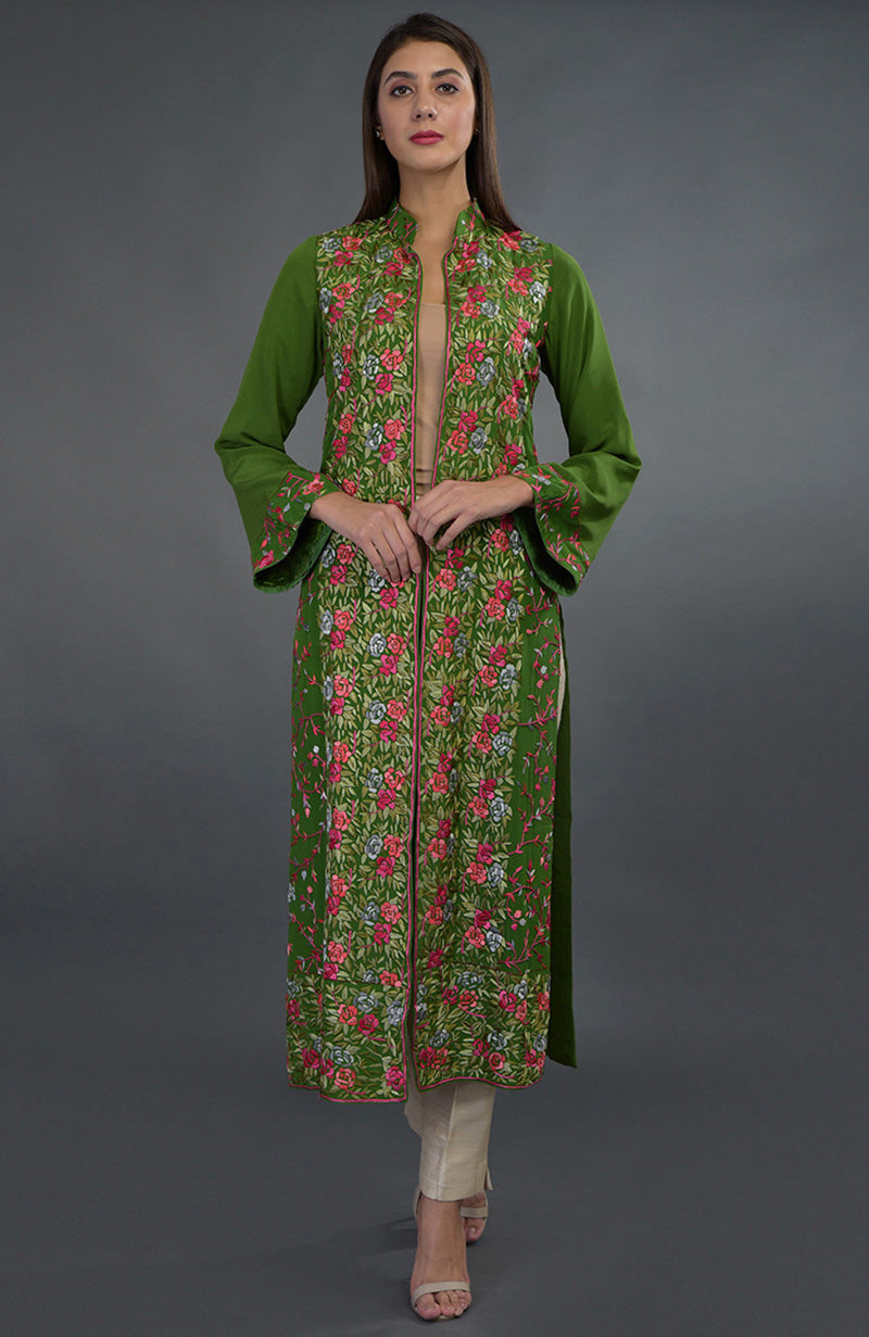 Olive green jacket with magenta and pink Parsi Gara floral embroidery and band collar neckline