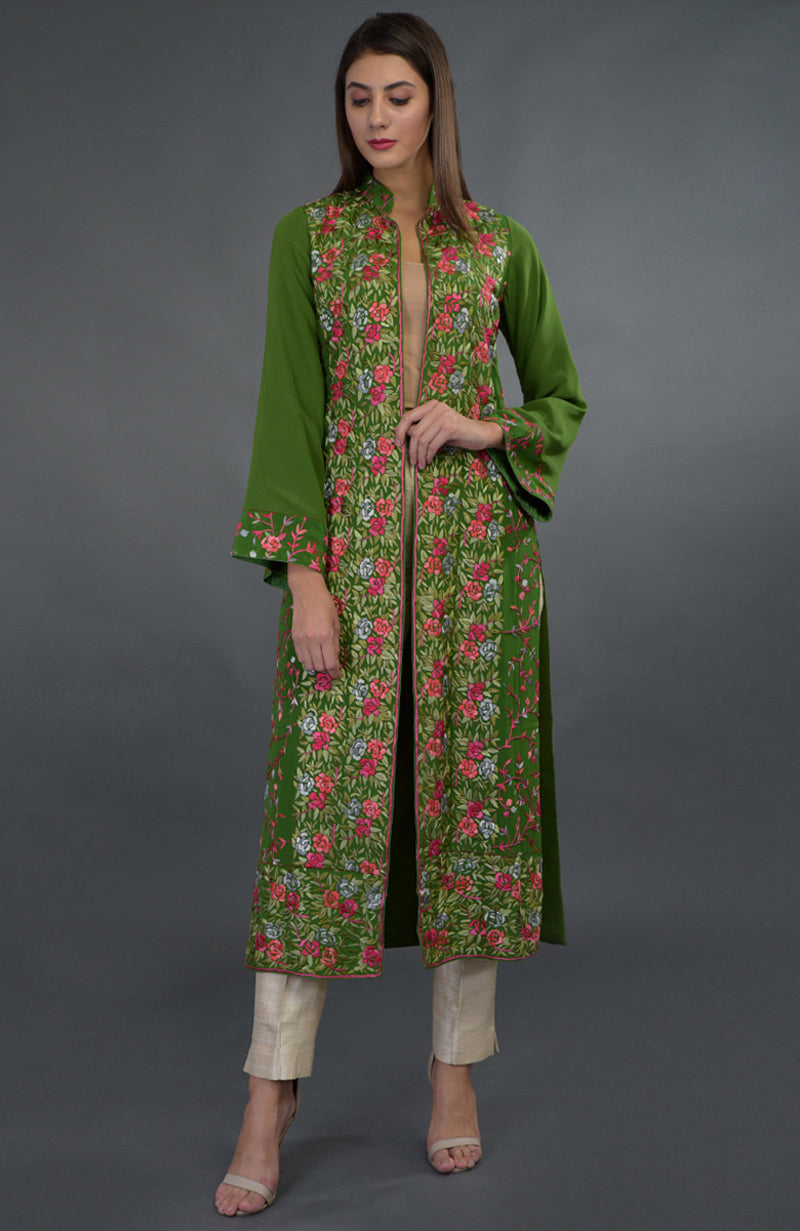 Olive green jacket with multicolor Parsi Gara floral embroidery and band collar neckline