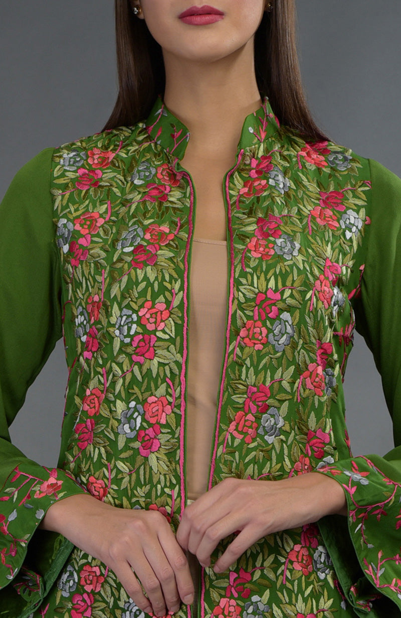 Olive green jacket with multicolor Parsi Gara floral embroidery and band collar neckline