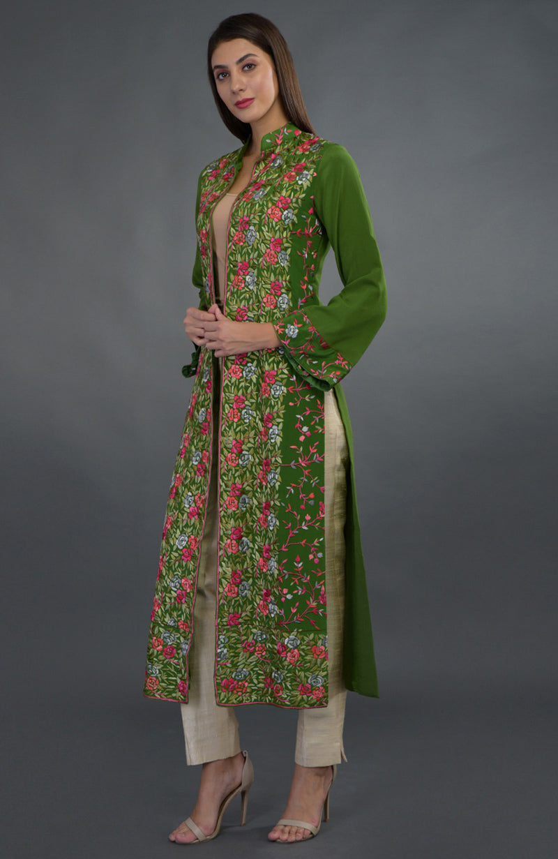Olive green jacket with multicolor Parsi Gara floral embroidery and band collar neckline
