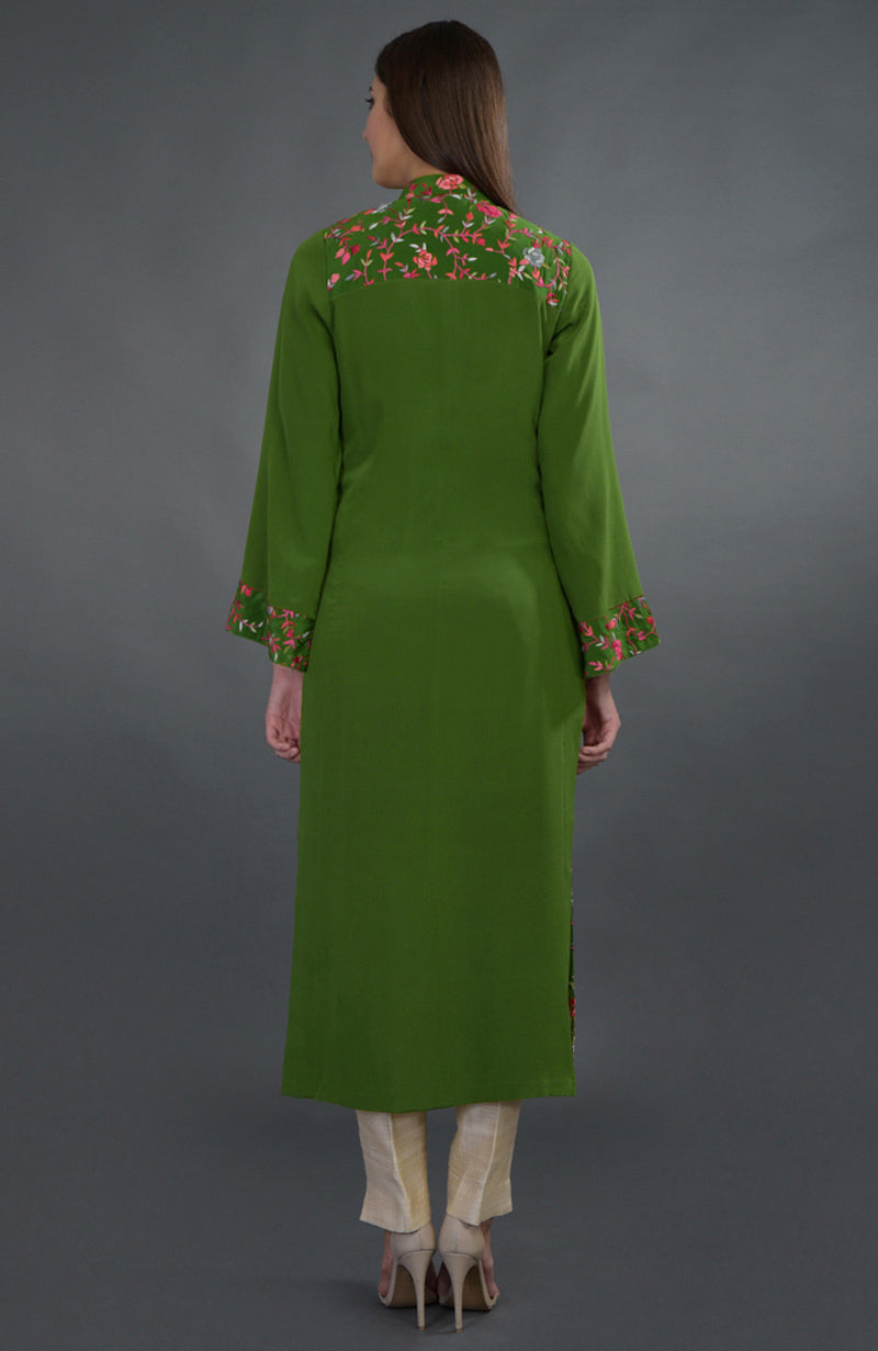 Olive green jacket with multicolor Parsi Gara floral embroidery and band collar neckline
