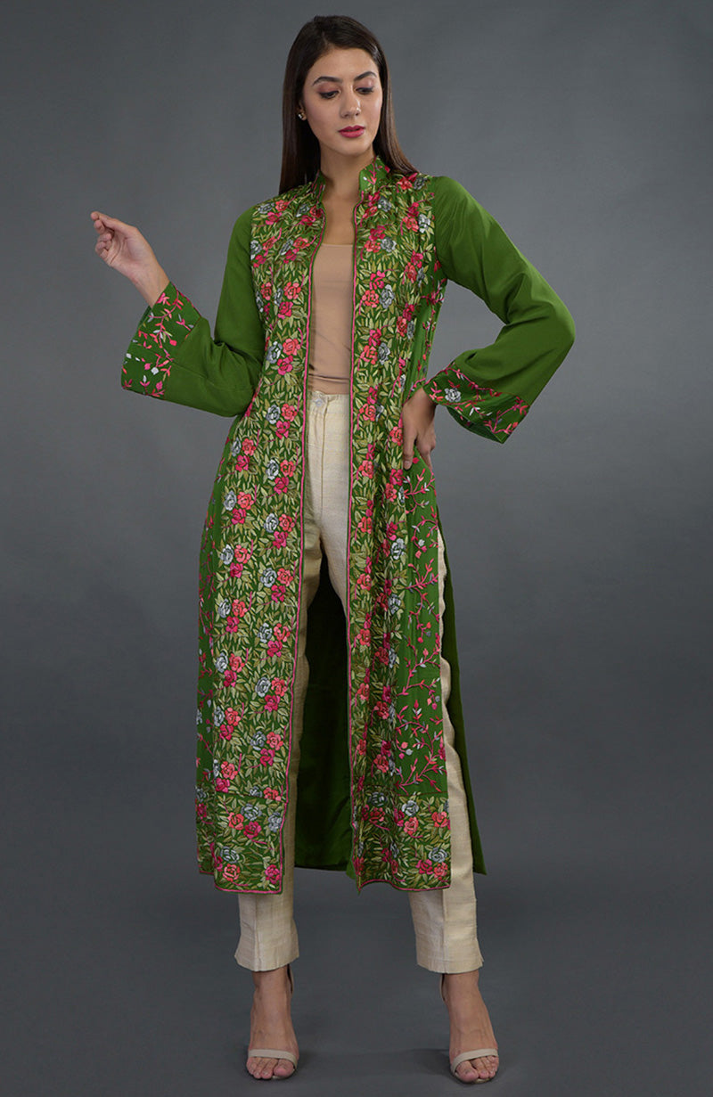 Olive green jacket with magenta and pink Parsi Gara floral embroidery and band collar neckline