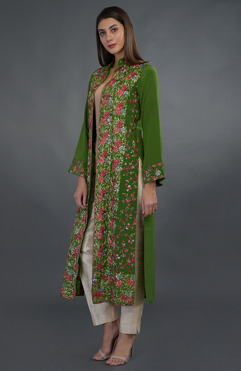 Olive green jacket with Parsi Gara floral embroidery in magenta, pink, coral, grey, and green colors