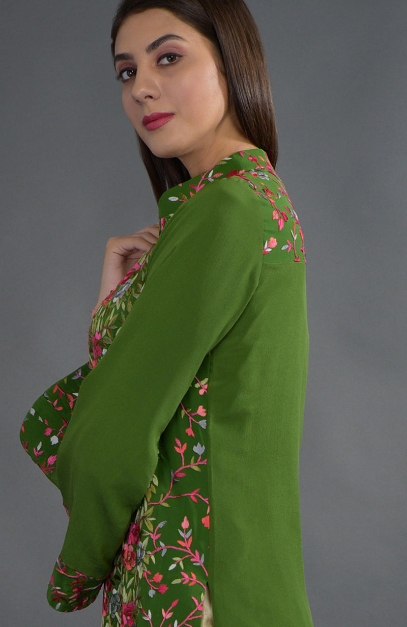 Olive green jacket with Parsi Gara floral embroidery in magenta, pink, coral, grey, and green.