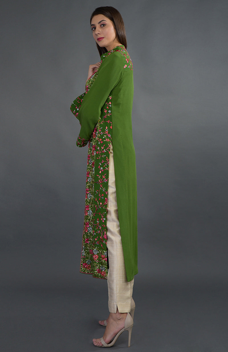 Olive green jacket with multicolor Parsi Gara floral embroidery, band collar, and open front design