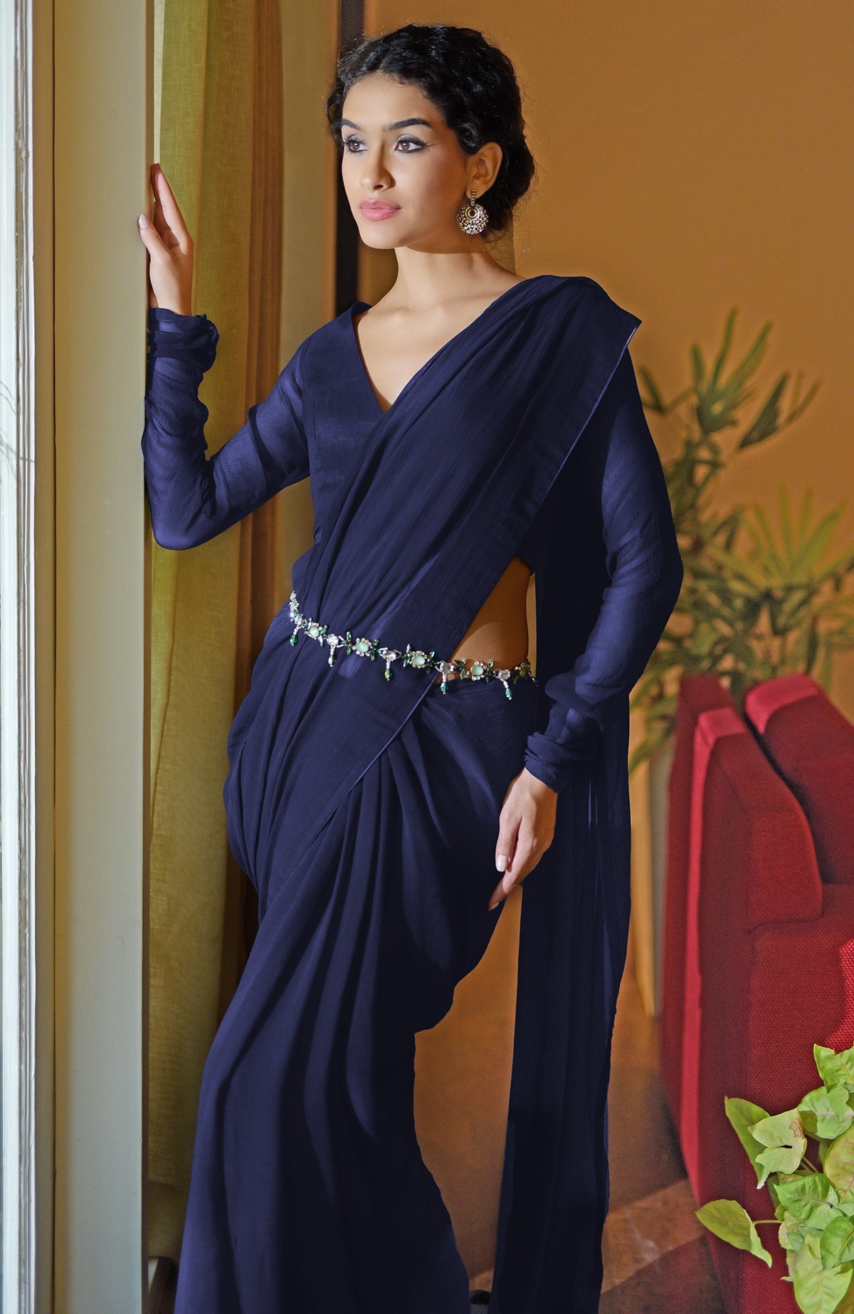 Classic navy blue chiffon saree with pre-stitched drape and matching blouse with sheer sleeves