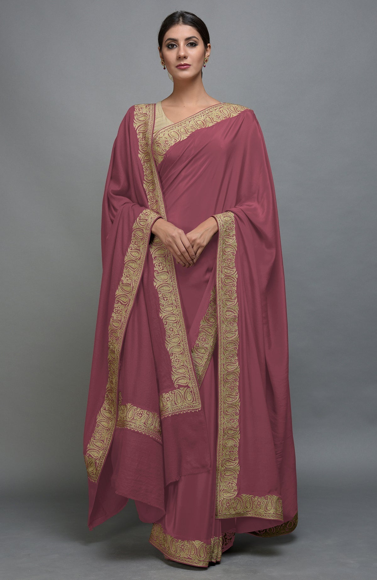 China rose saree and pashmina shawl set with gold paisley embroidery.