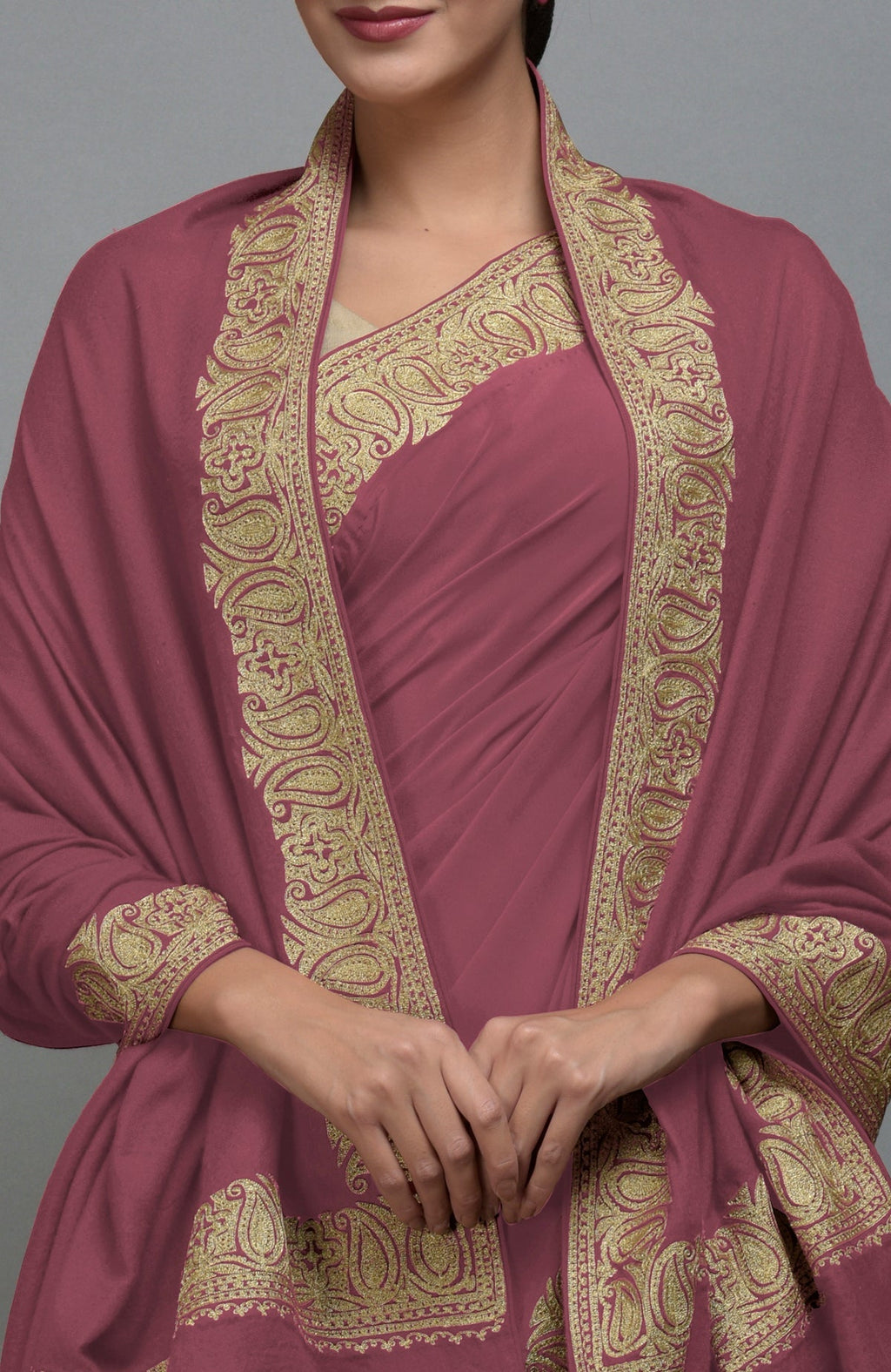 China rose Kashmiri tilla aari embroidered saree and pashmina shawl set.