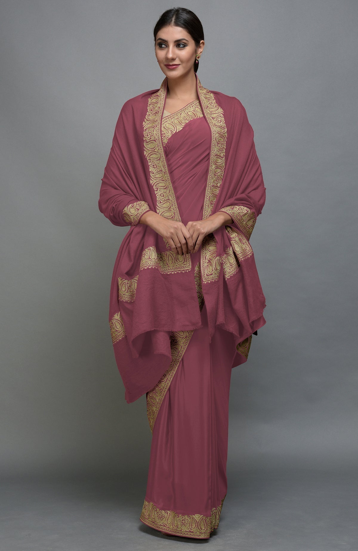 China rose Kashmiri tilla aari embroidered saree and pashmina shawl set.