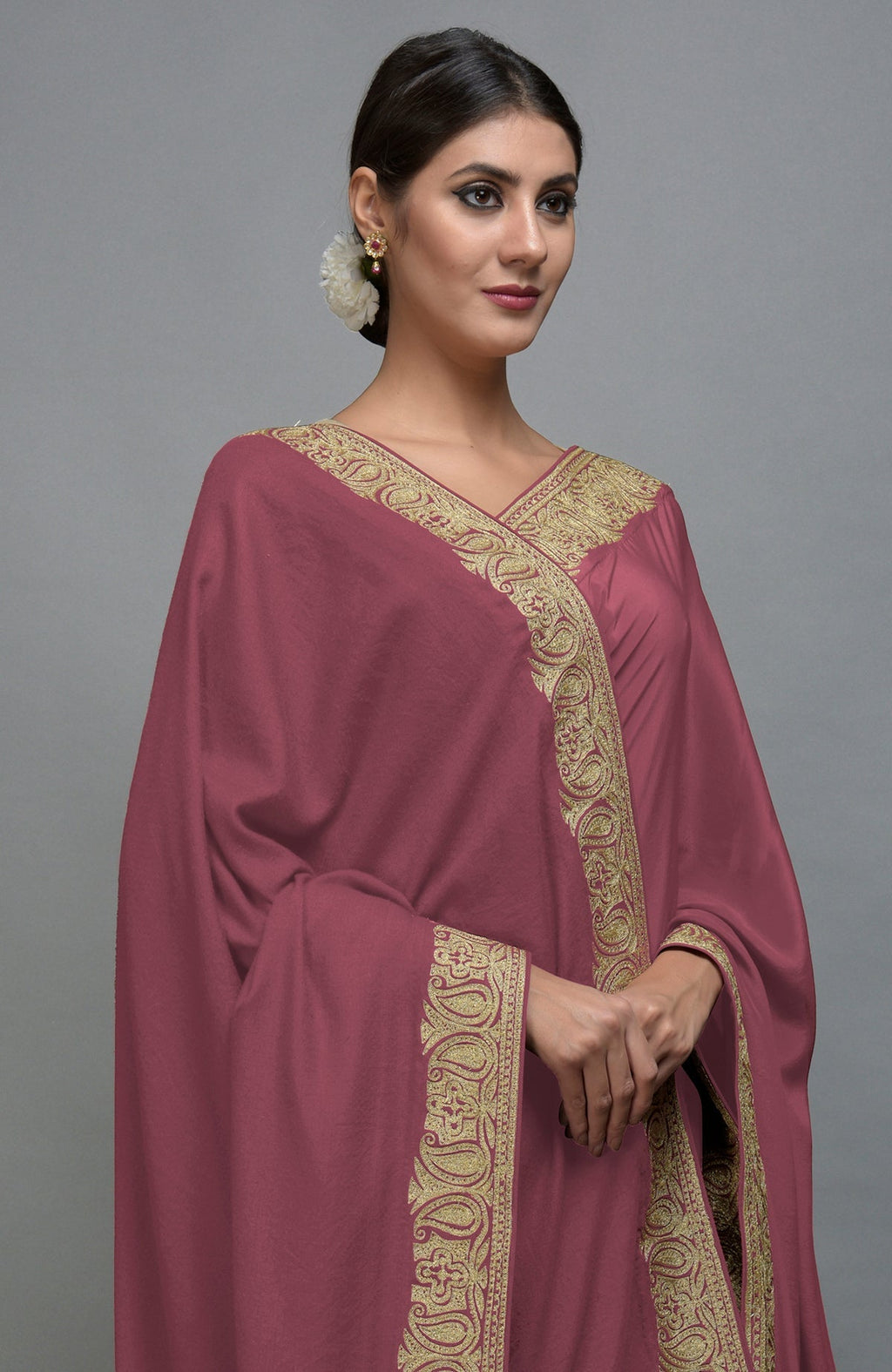 China rose saree and pashmina shawl set with gold paisley embroidery.
