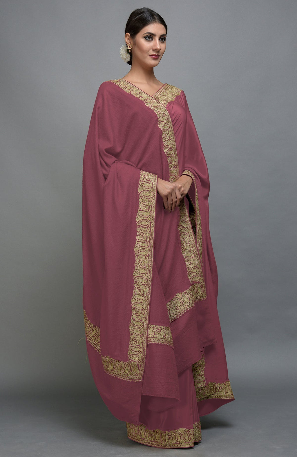 China rose Kashmiri Tilla Aari embroidered saree and Pashmina shawl set.