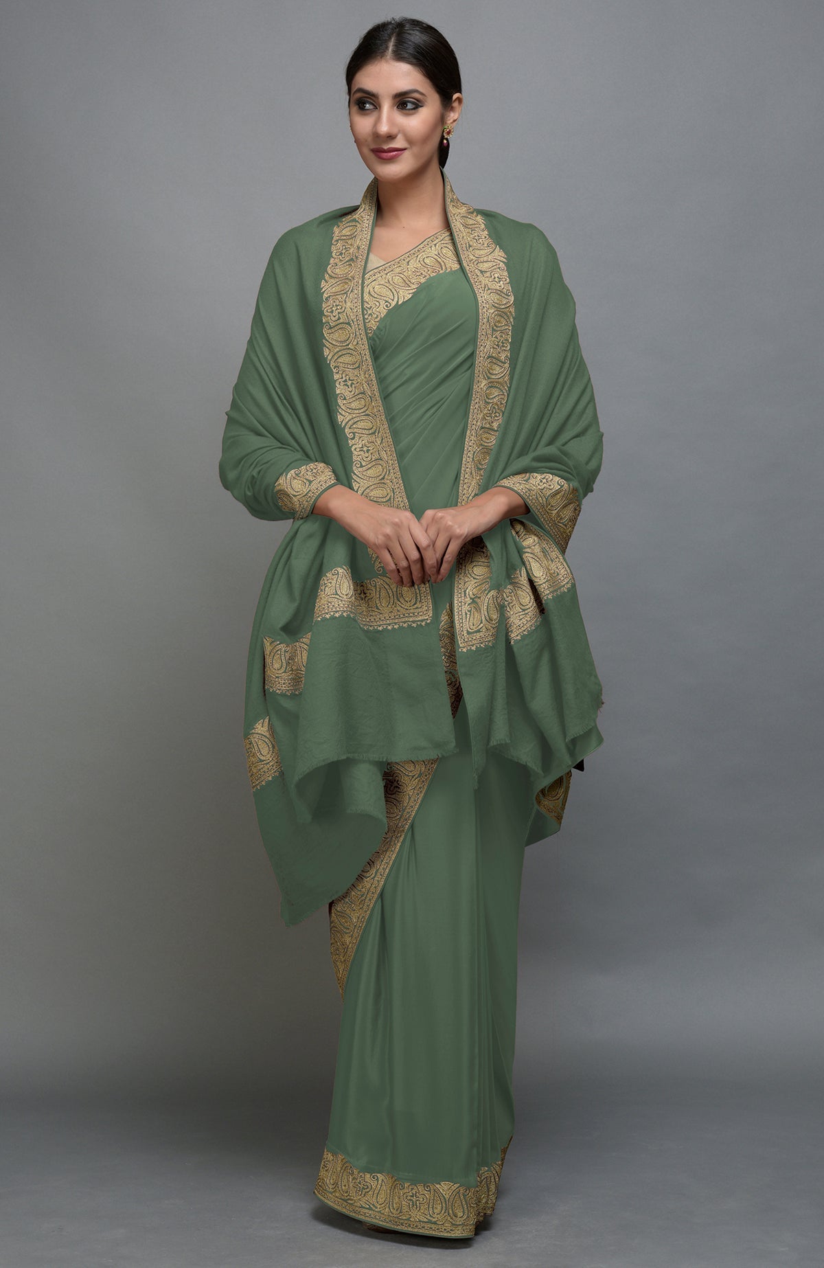 Dark jade Kashmiri tilla aari embroidered saree and pashmina shawl set.