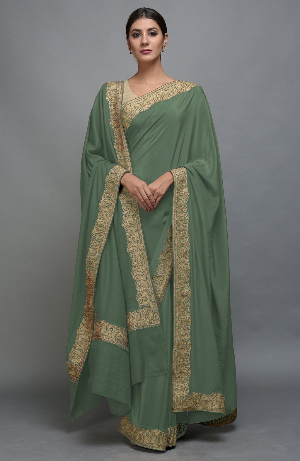 Dark jade Kashmiri Tilla Aari embroidered saree and Pashmina shawl set.