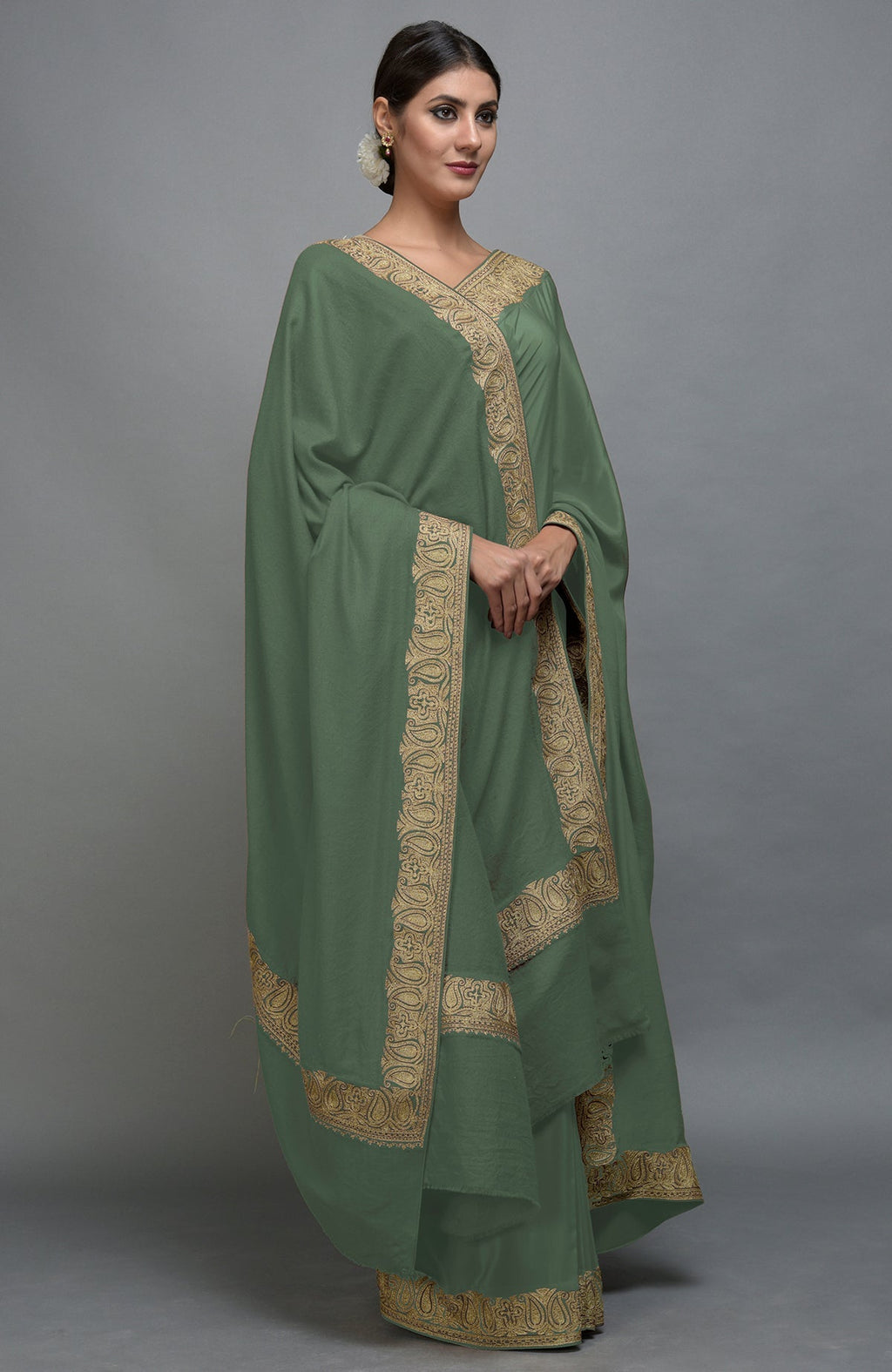 Dark jade Kashmiri tilla aari embroidered saree and pashmina shawl set.