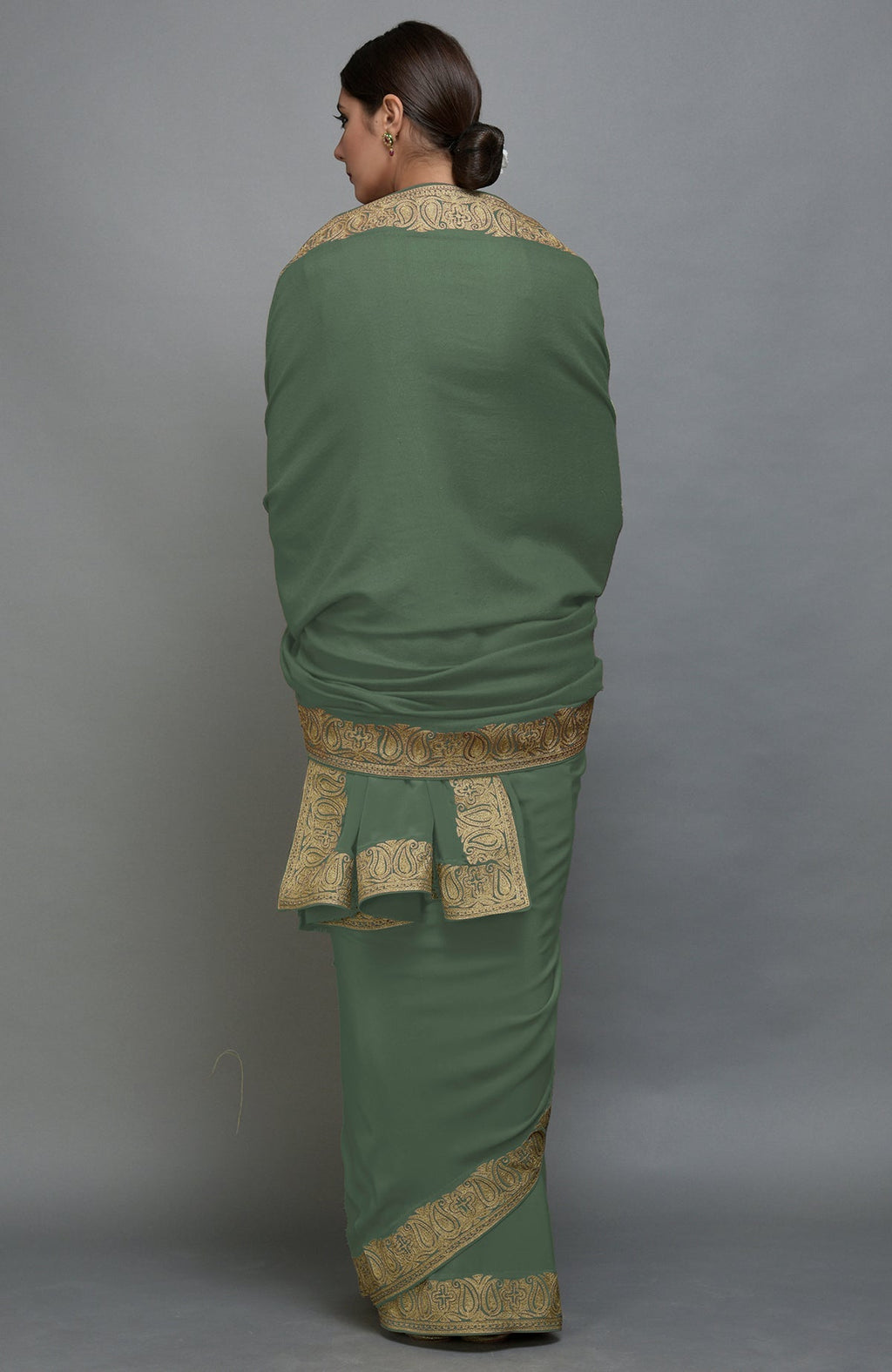 Dark jade Kashmiri Tilla Aari embroidered saree and Pashmina shawl set.