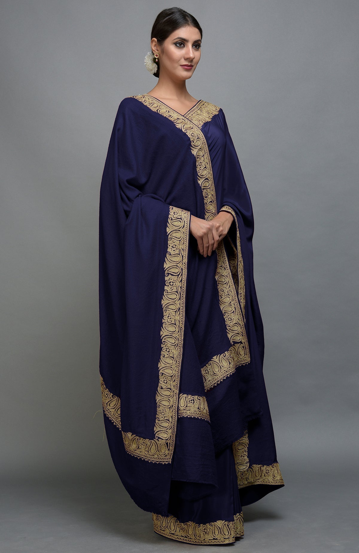 Navy blue Kashmiri Tilla Aari embroidered saree and Pashmina shawl set.