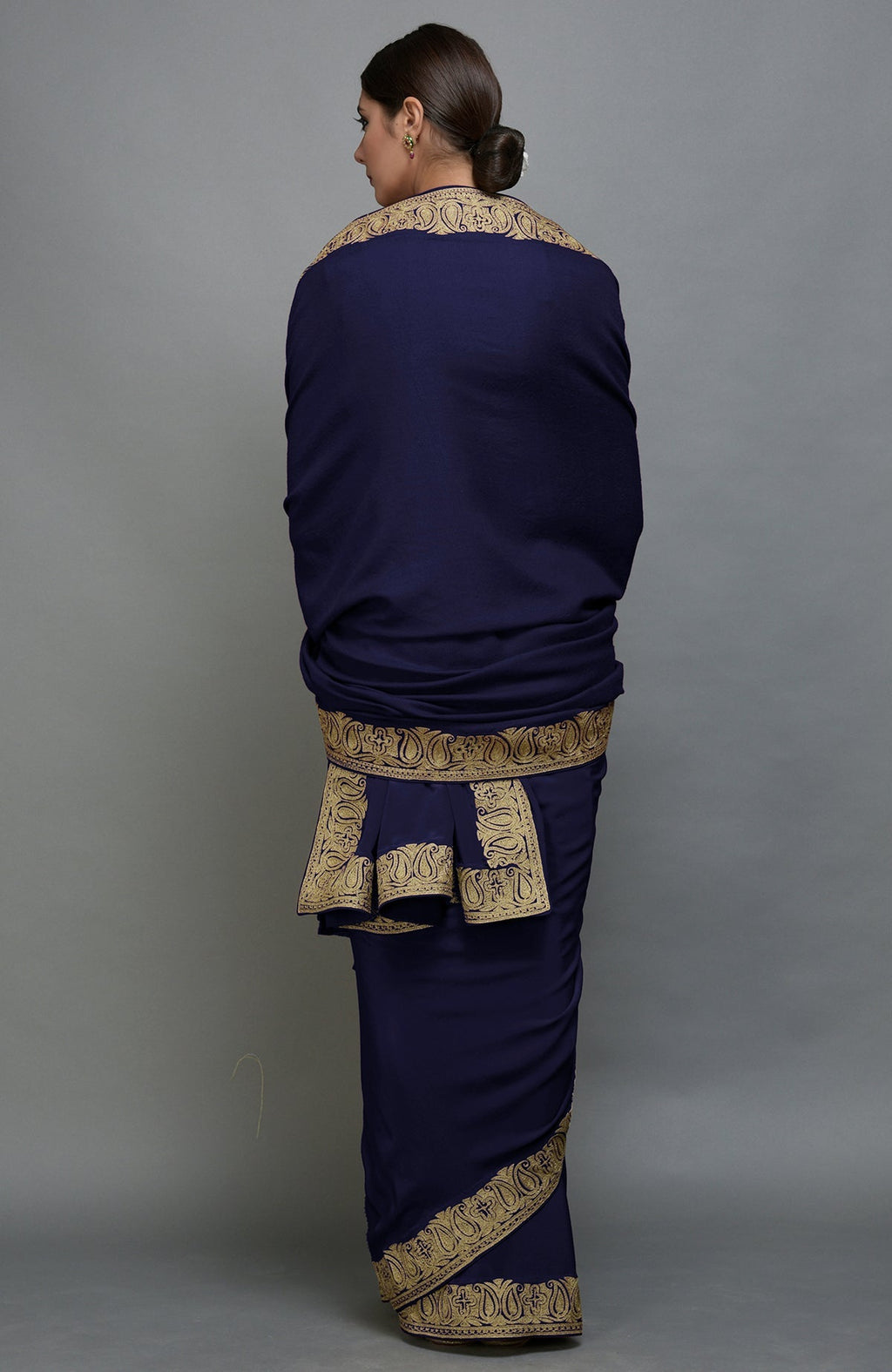 Navy blue Kashmiri Tilla Aari embroidered saree and pashmina shawl set.