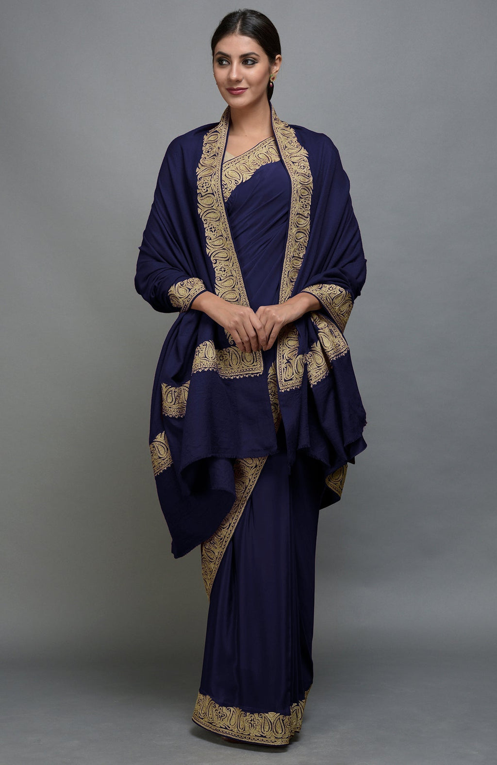 Navy blue Kashmiri tilla aari embroidered saree and pashmina shawl set.