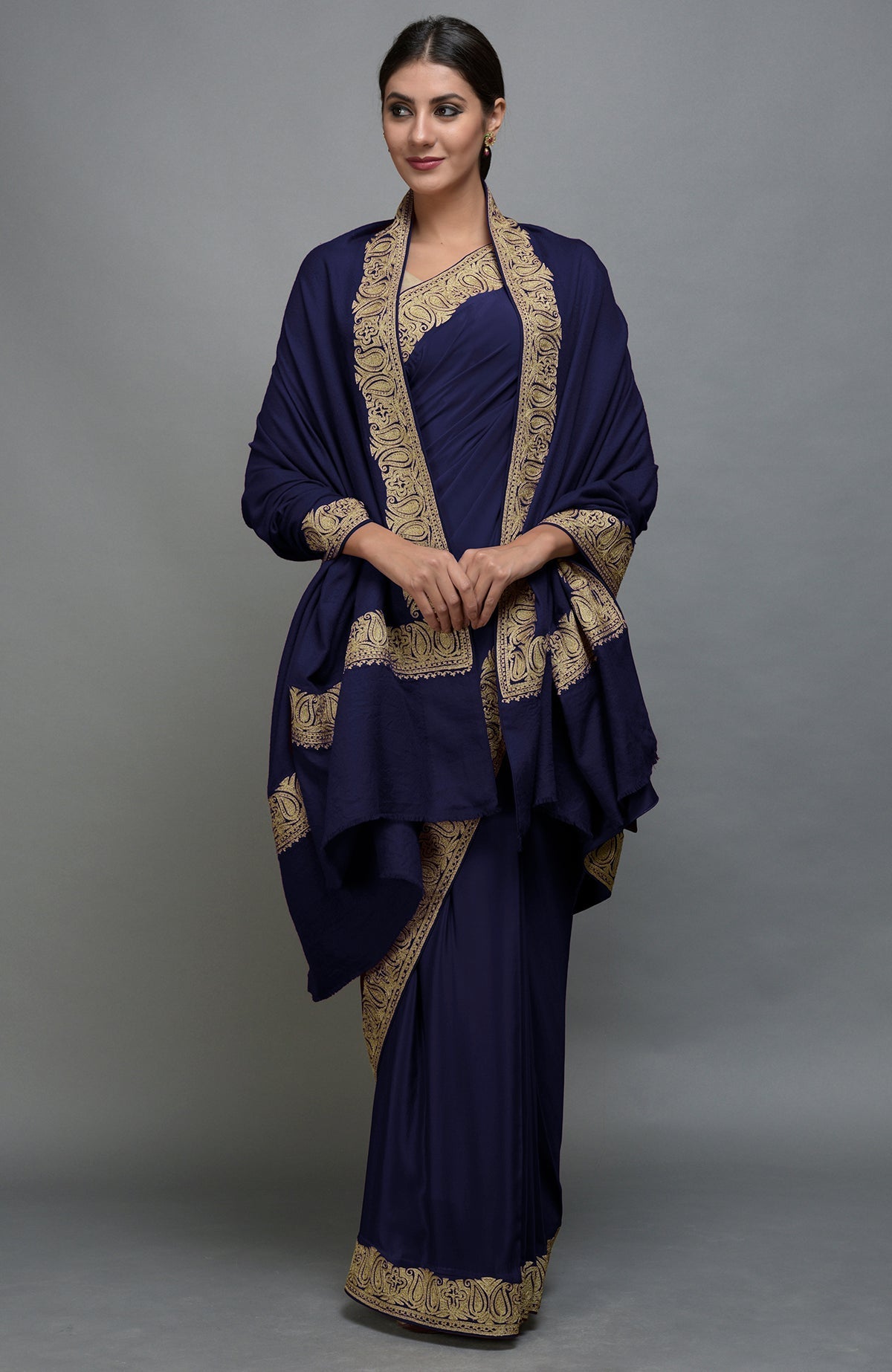 Navy blue Kashmiri tilla aari embroidered saree and pashmina shawl set.