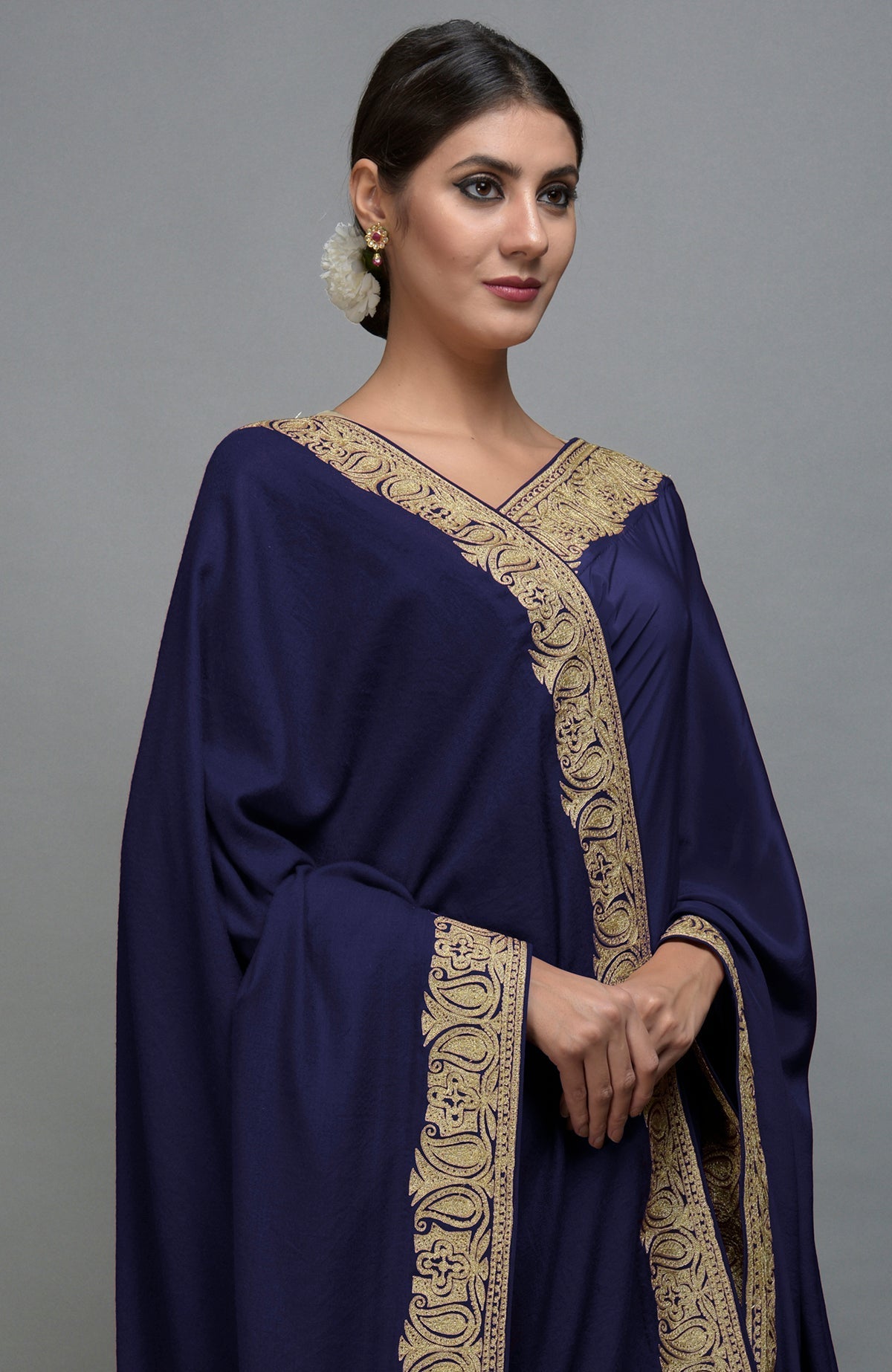 Navy blue Kashmiri tilla aari embroidered saree and pashmina shawl set.