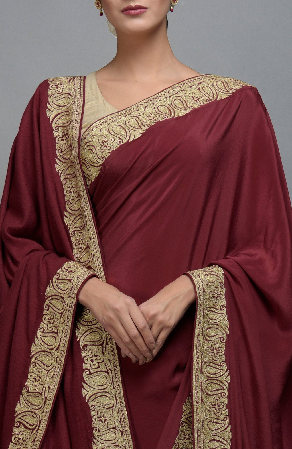 Maroon Kashmiri Tilla Aari embroidered saree and pashmina shawl set.