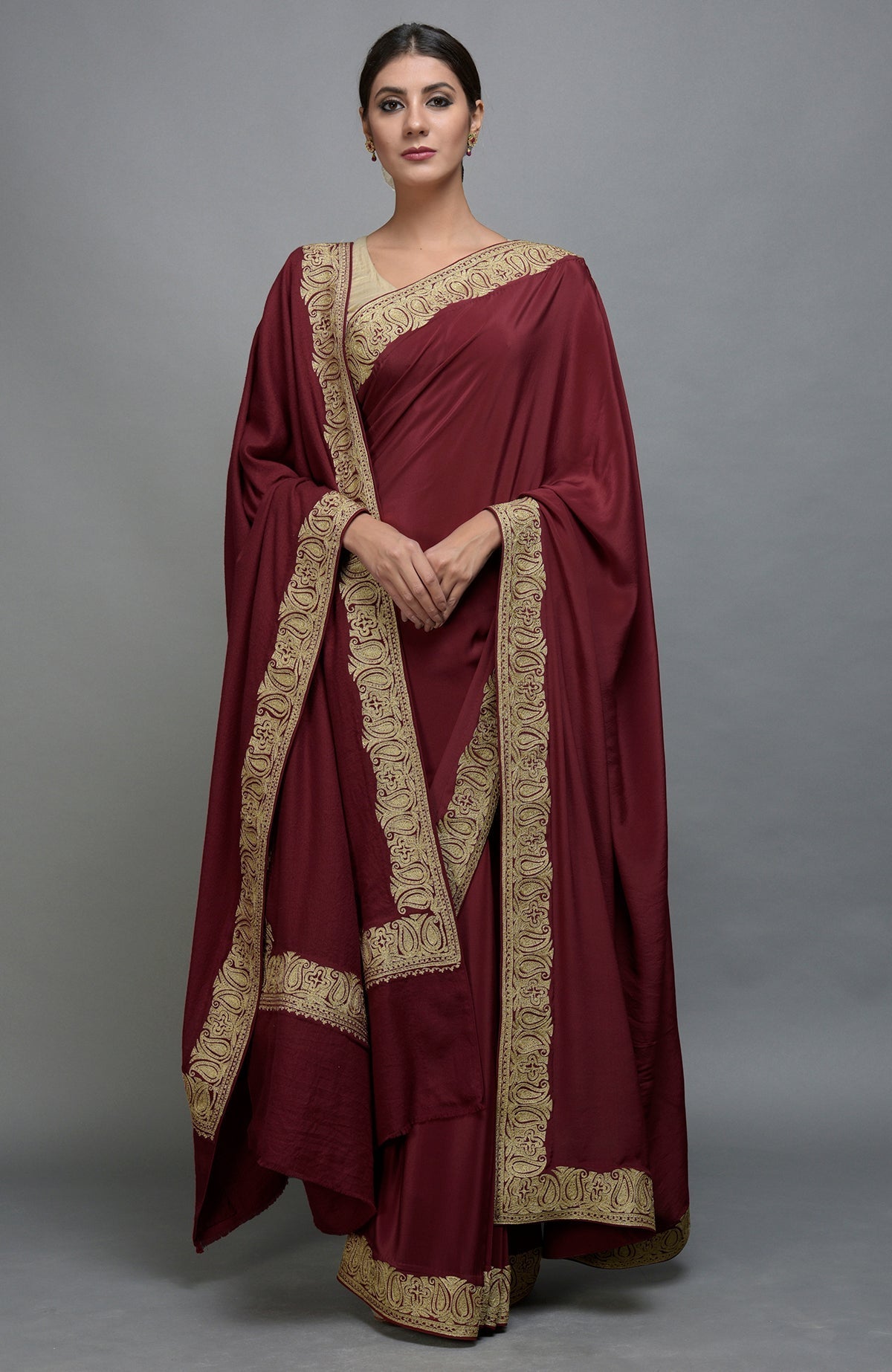 Maroon Kashmiri Tilla Aari embroidered saree and Pashmina shawl set.