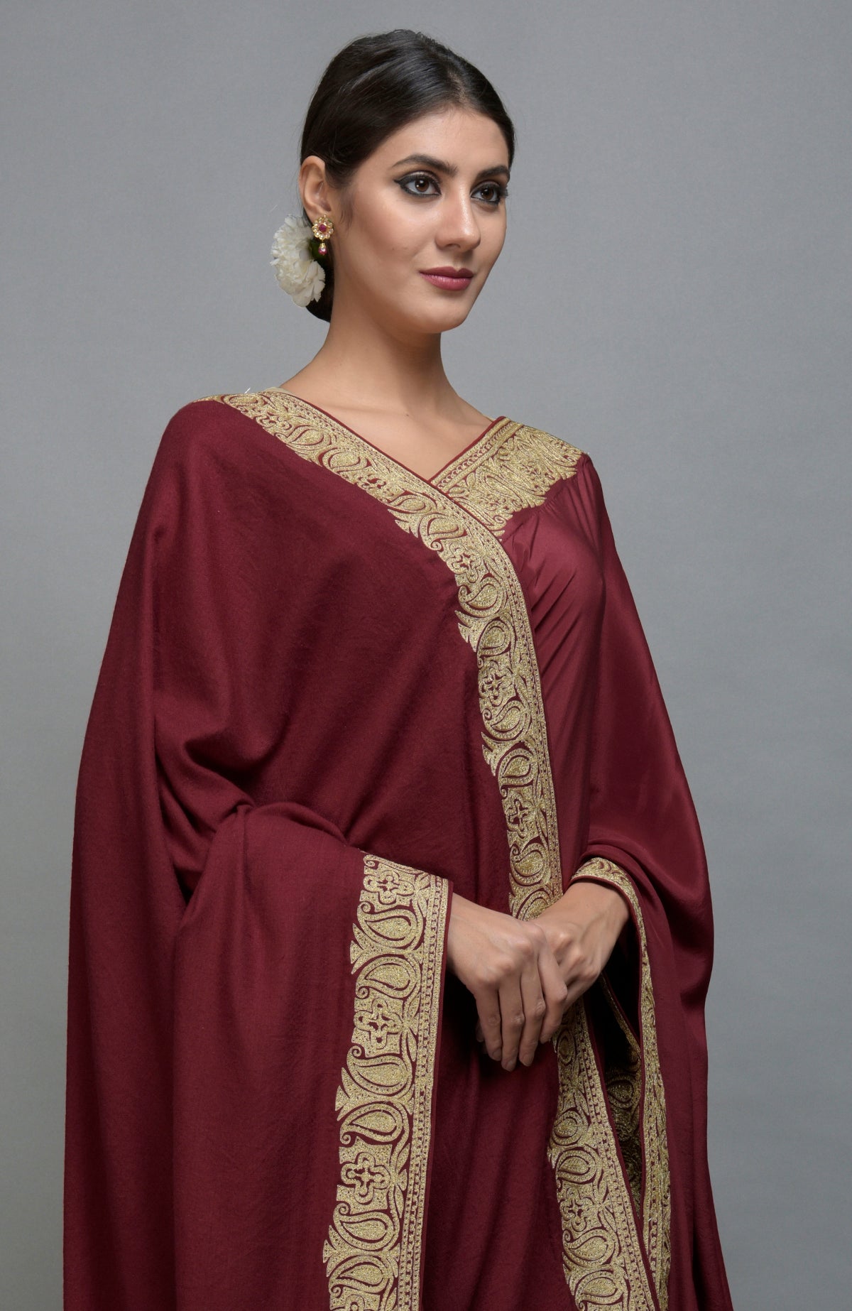 Maroon Kashmiri Tilla Aari embroidered saree and Pashmina shawl set.
