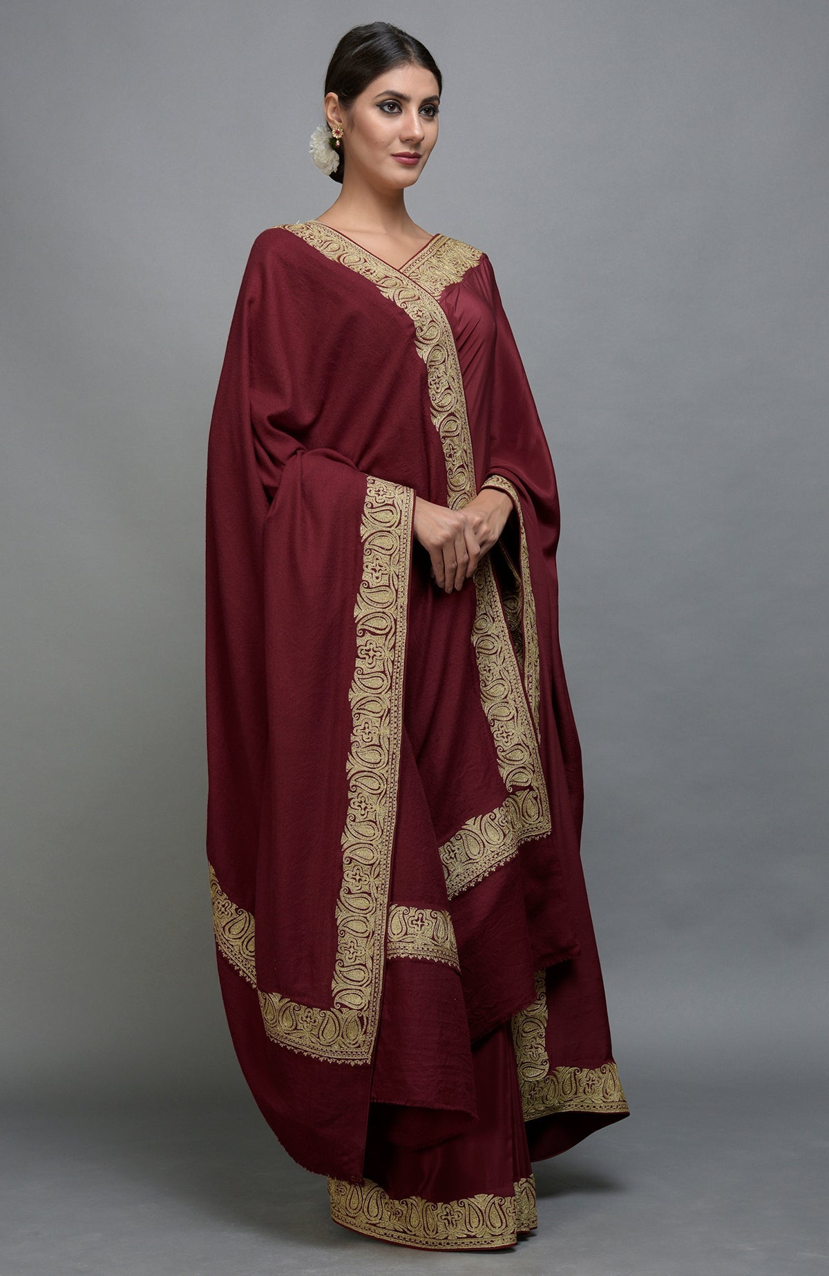 Maroon Kashmiri Tilla Aari embroidered saree and Pashmina shawl set.
