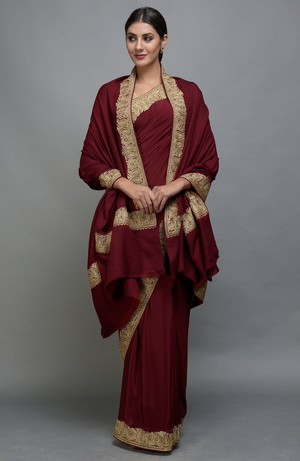 Maroon Kashmiri Tilla Aari embroidered saree and Pashmina shawl set.