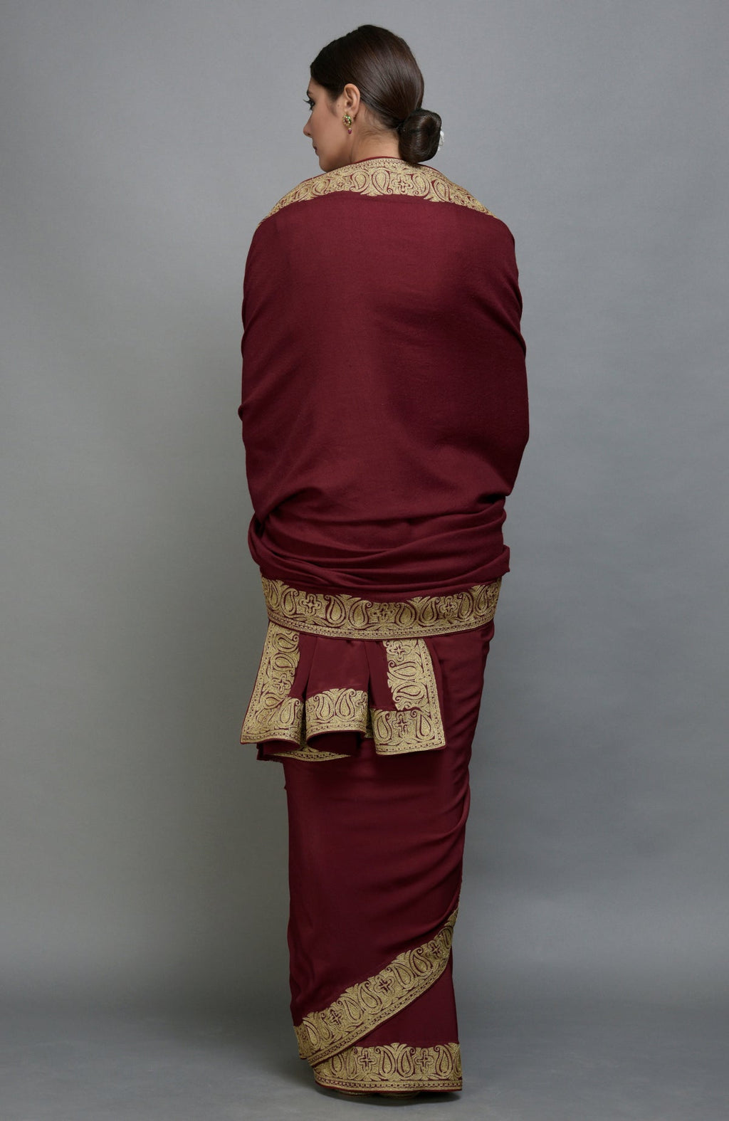 Maroon Kashmiri Tilla Aari Embroidered Saree & Pashmina Shawl Set.
