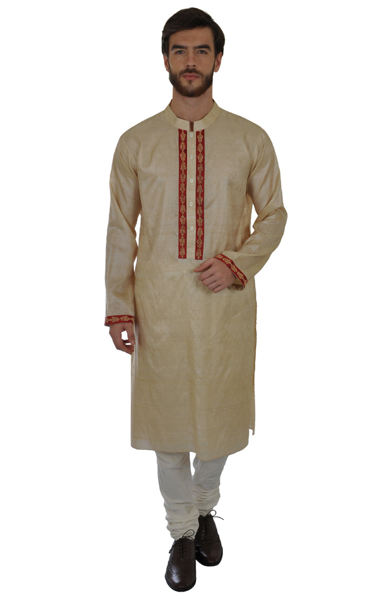 Beige pure kosa silk kurta with maroon and beige paisley embroidery.